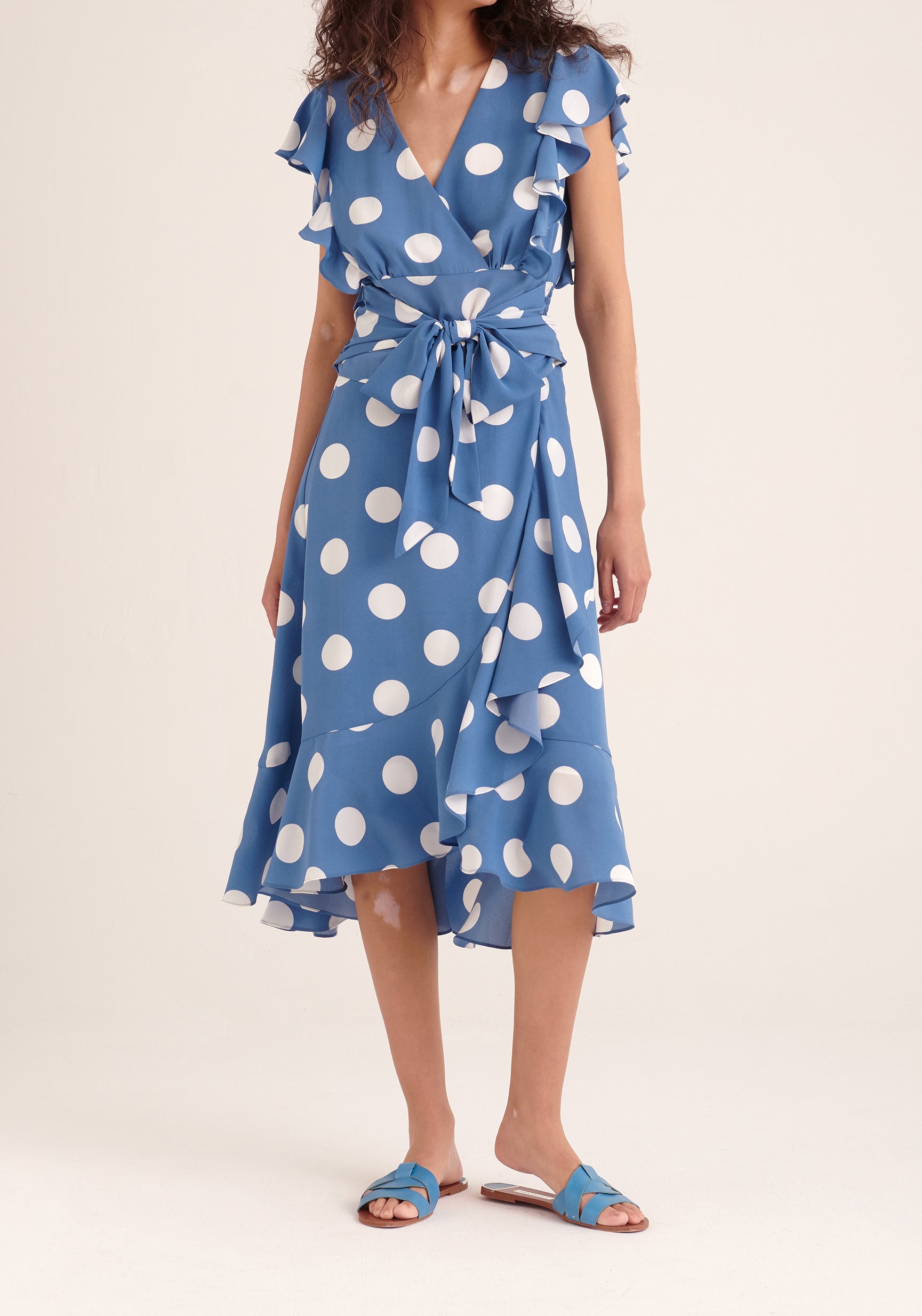 Paisie Polka Dot Wrap Tie Skirt in Blue and White