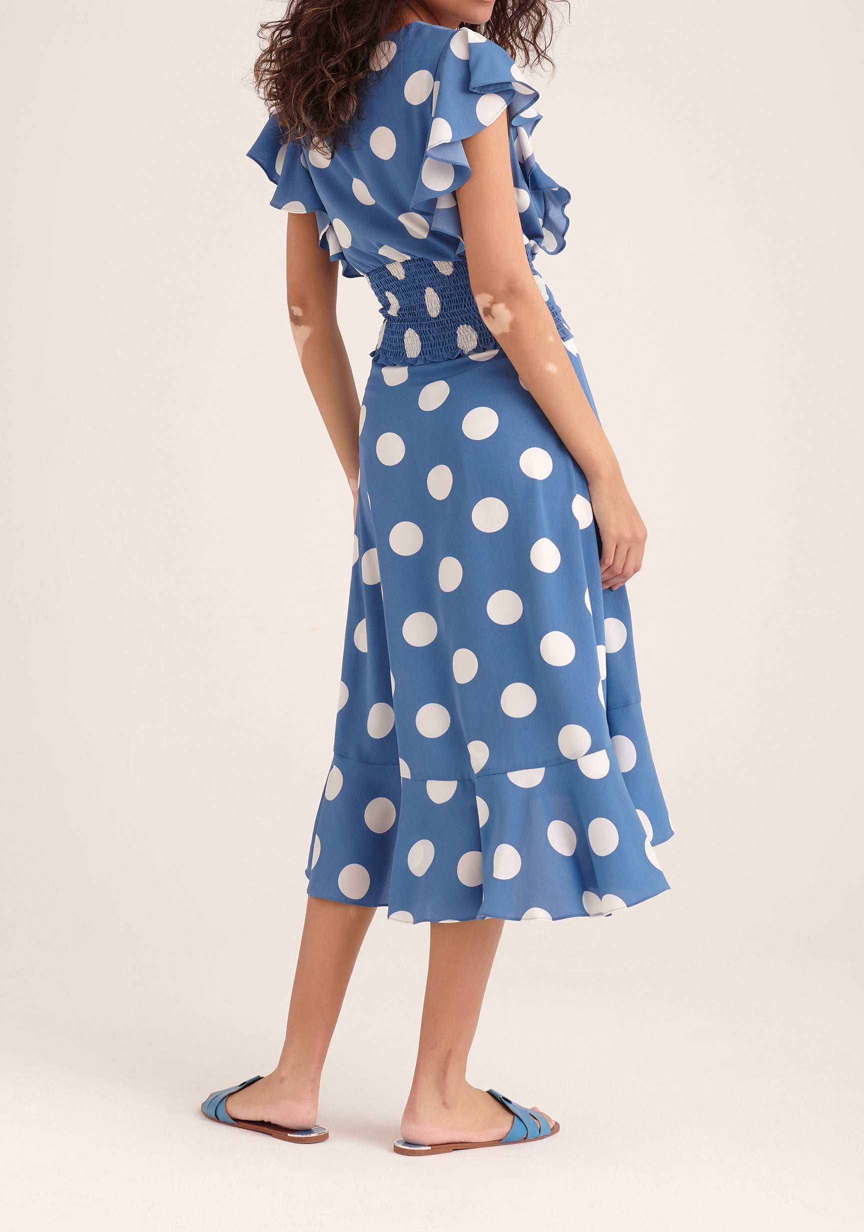 Paisie Polka Dot Wrap Tie Skirt in Blue and White Back