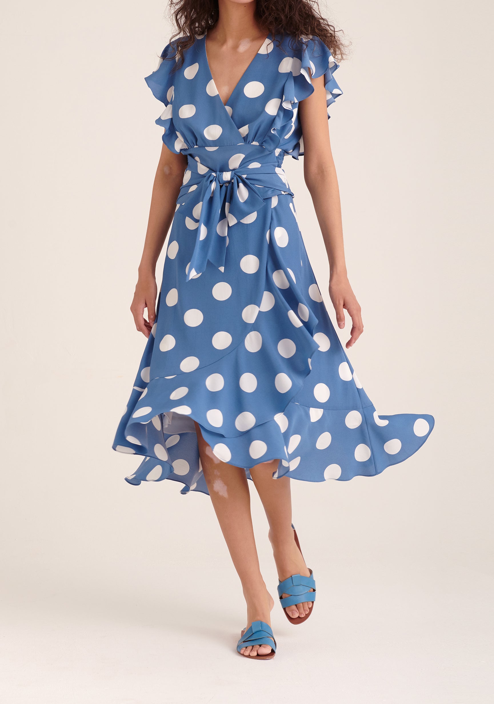 Paisie Polka Dot Wrap Tie Skirt in Blue and White