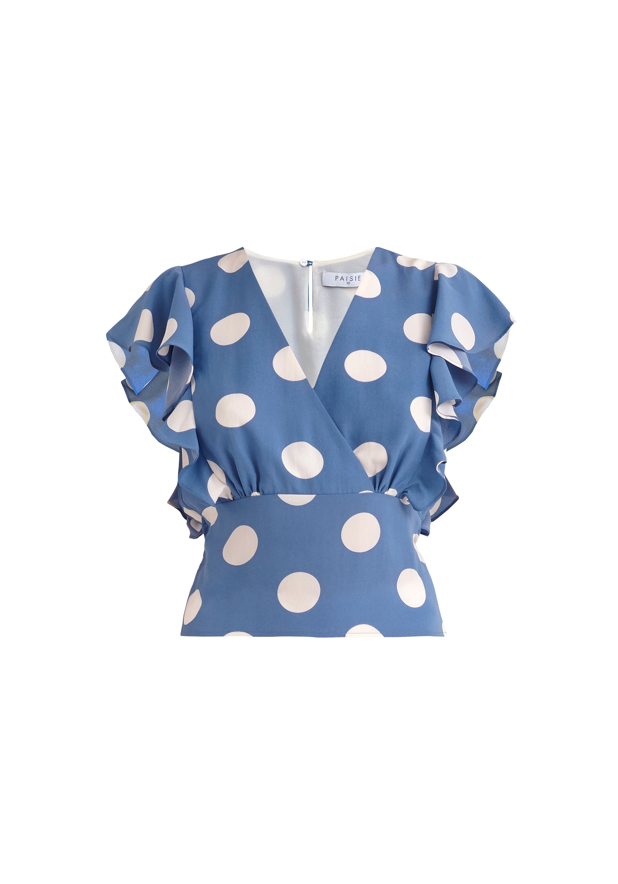 Paisie Polka Dot Wrap Tie Top in Blue and White Cut Out