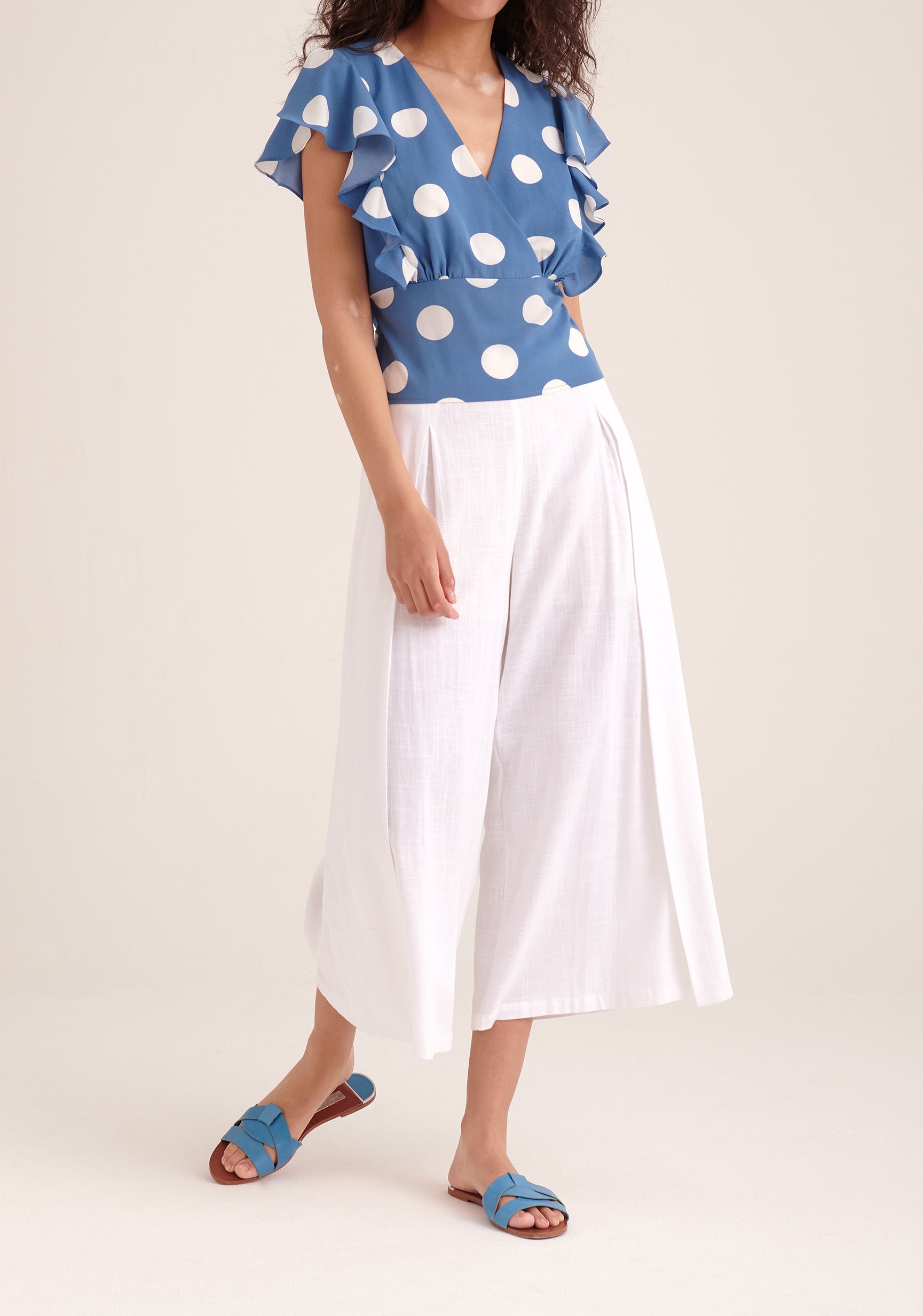 Paisie Polka Dot Wrap Tie Top in Blue and White