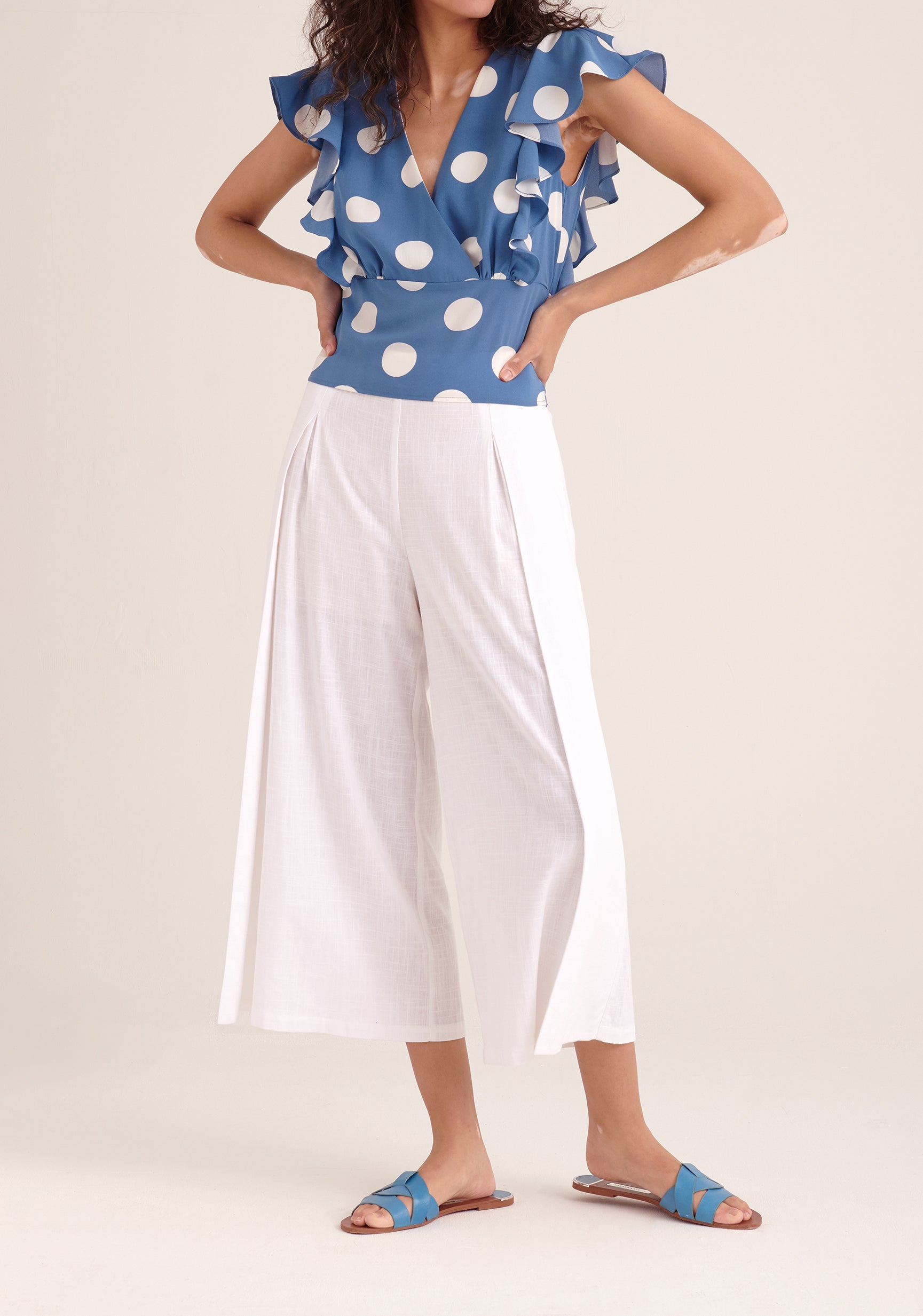 Paisie Polka Dot Wrap Tie Top in Blue and White