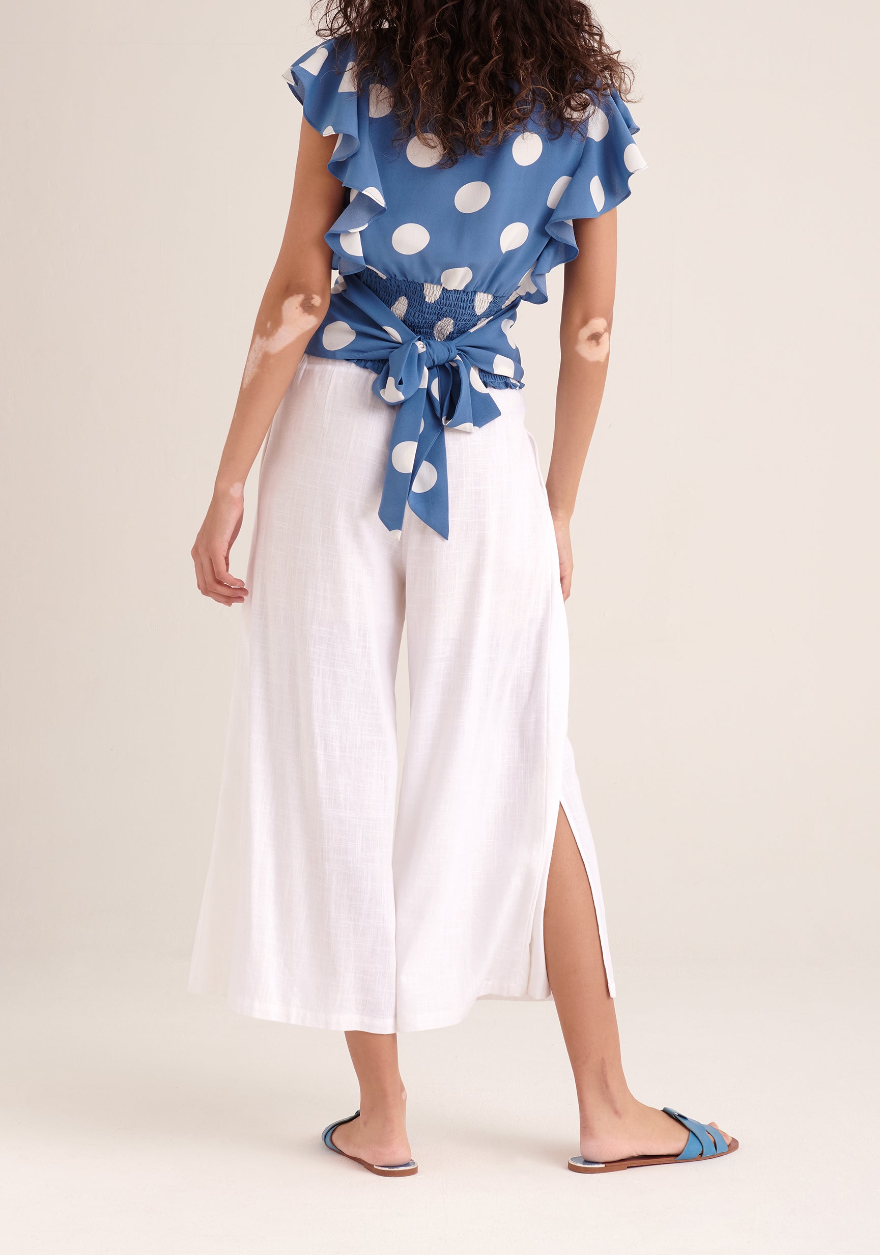 Paisie Polka Dot Wrap Tie Top in Blue and White Back