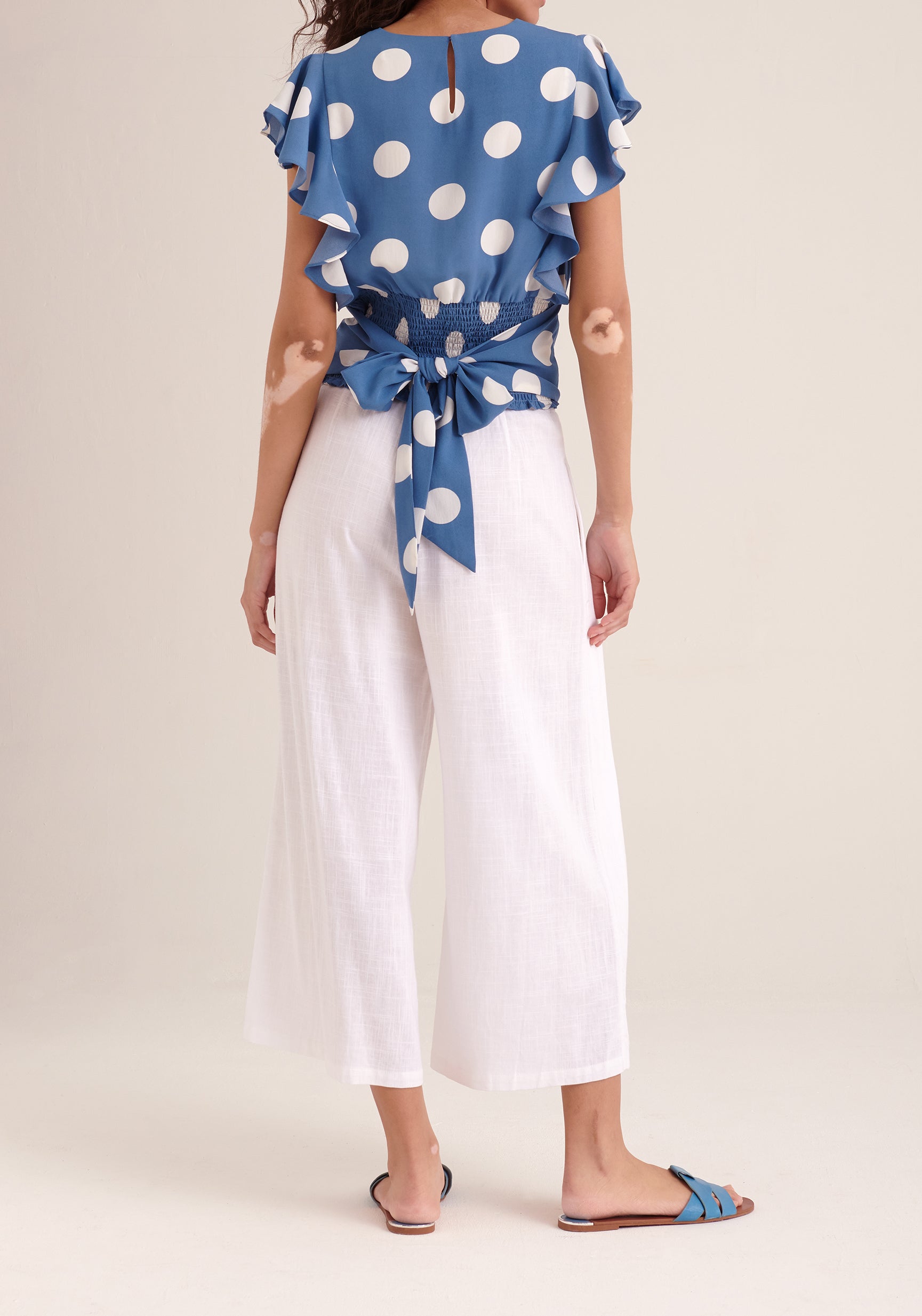 Paisie Polka Dot Wrap Tie Top in Blue and White Back