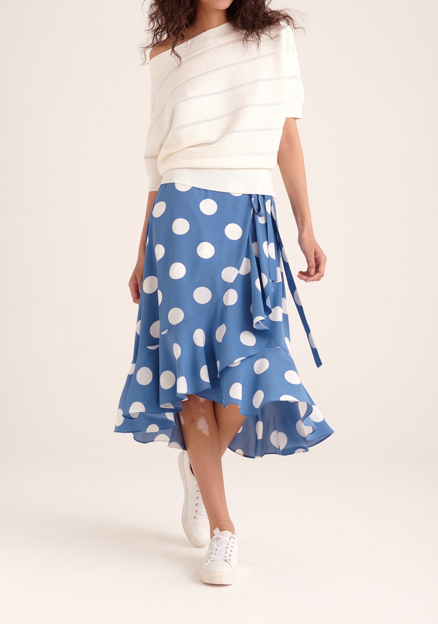 Paisie Polka Dot Wrap Tie Skirt in Blue and White