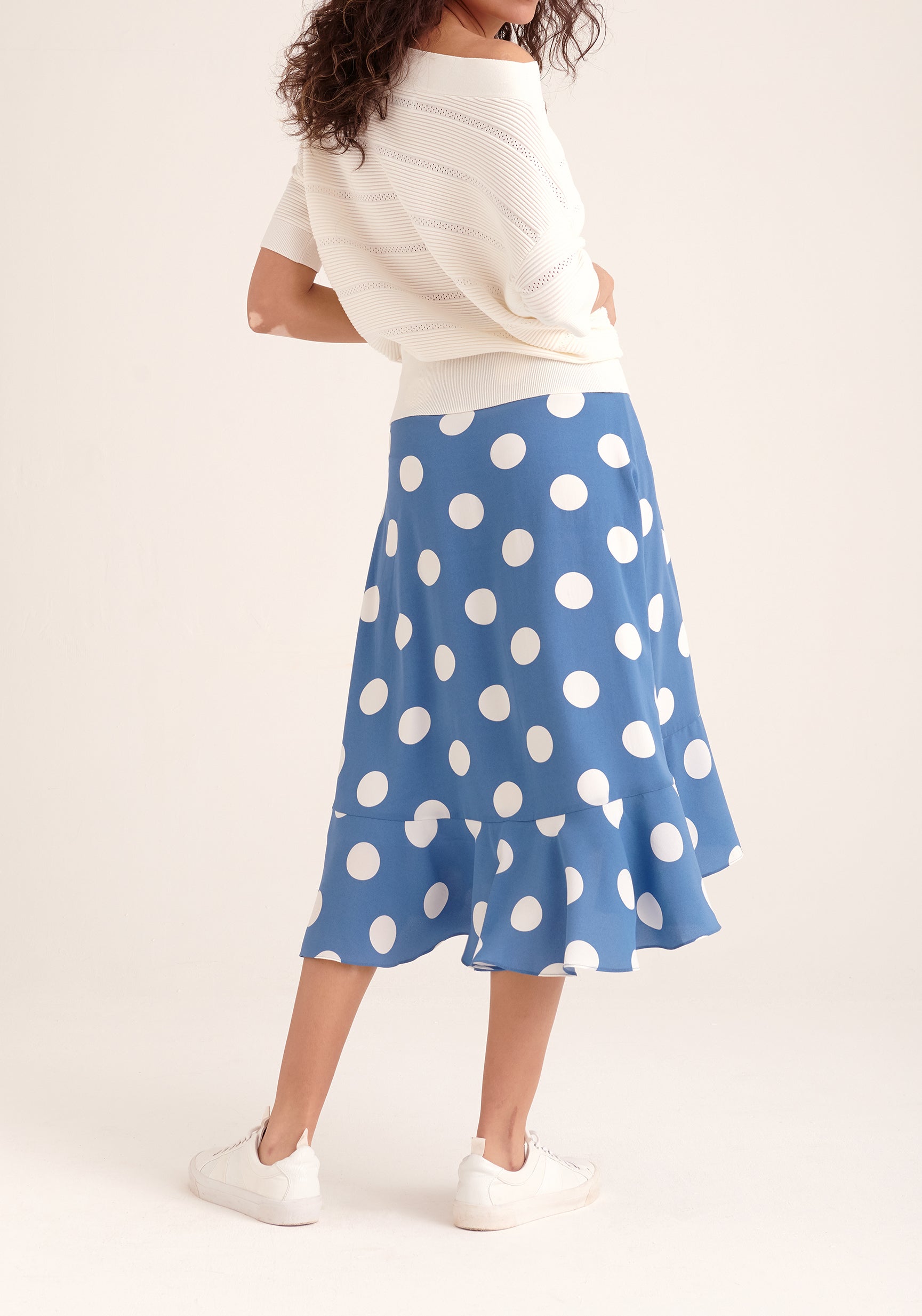 Paisie Polka Dot Wrap Tie Skirt in Blue and White Back