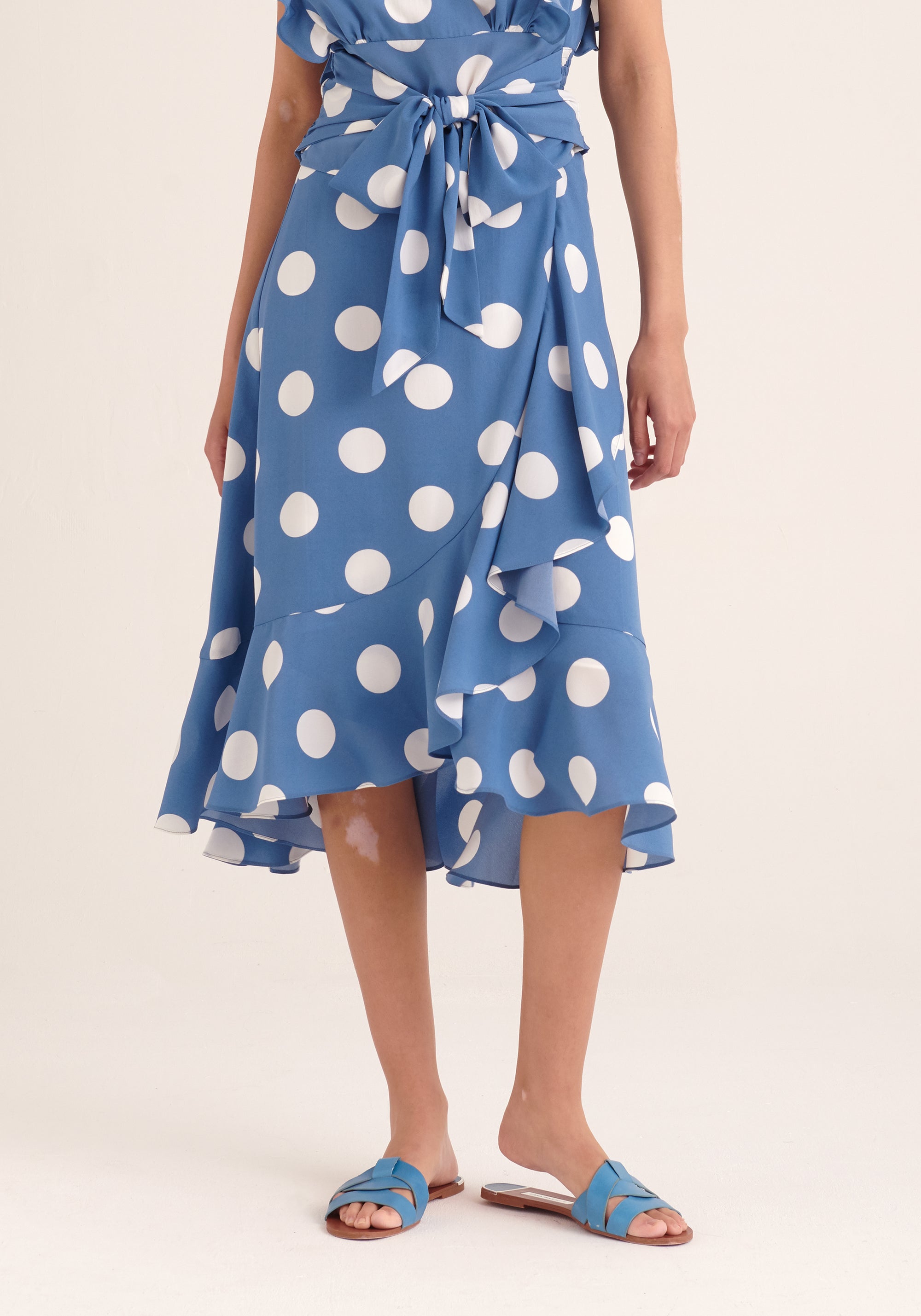 Paisie Polka Dot Wrap Tie Skirt in Blue and White