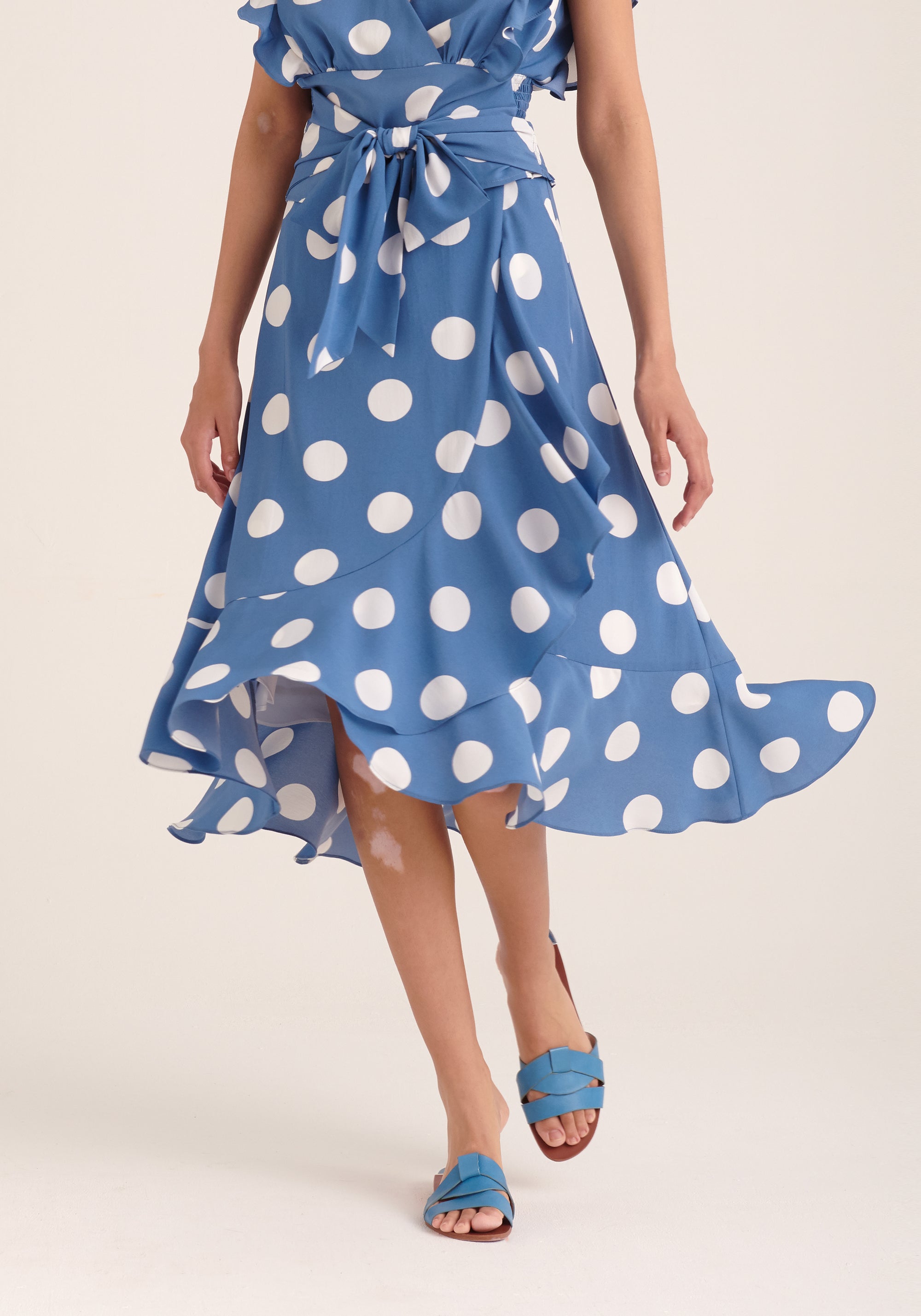 Paisie Polka Dot Wrap Tie Skirt in Blue and White