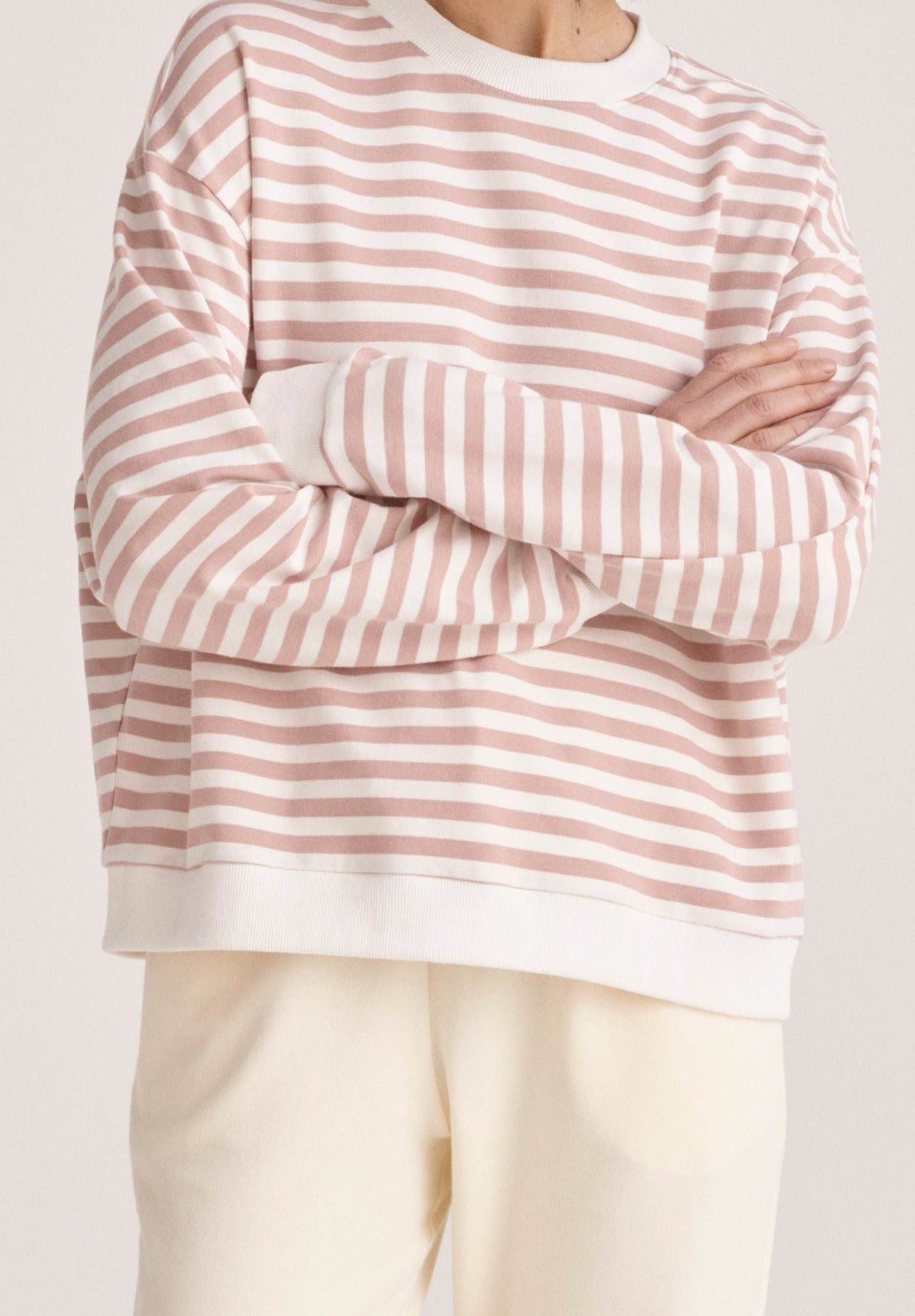 Paisie Striped Breton Crew Neck Sweatshirt in Pink and White