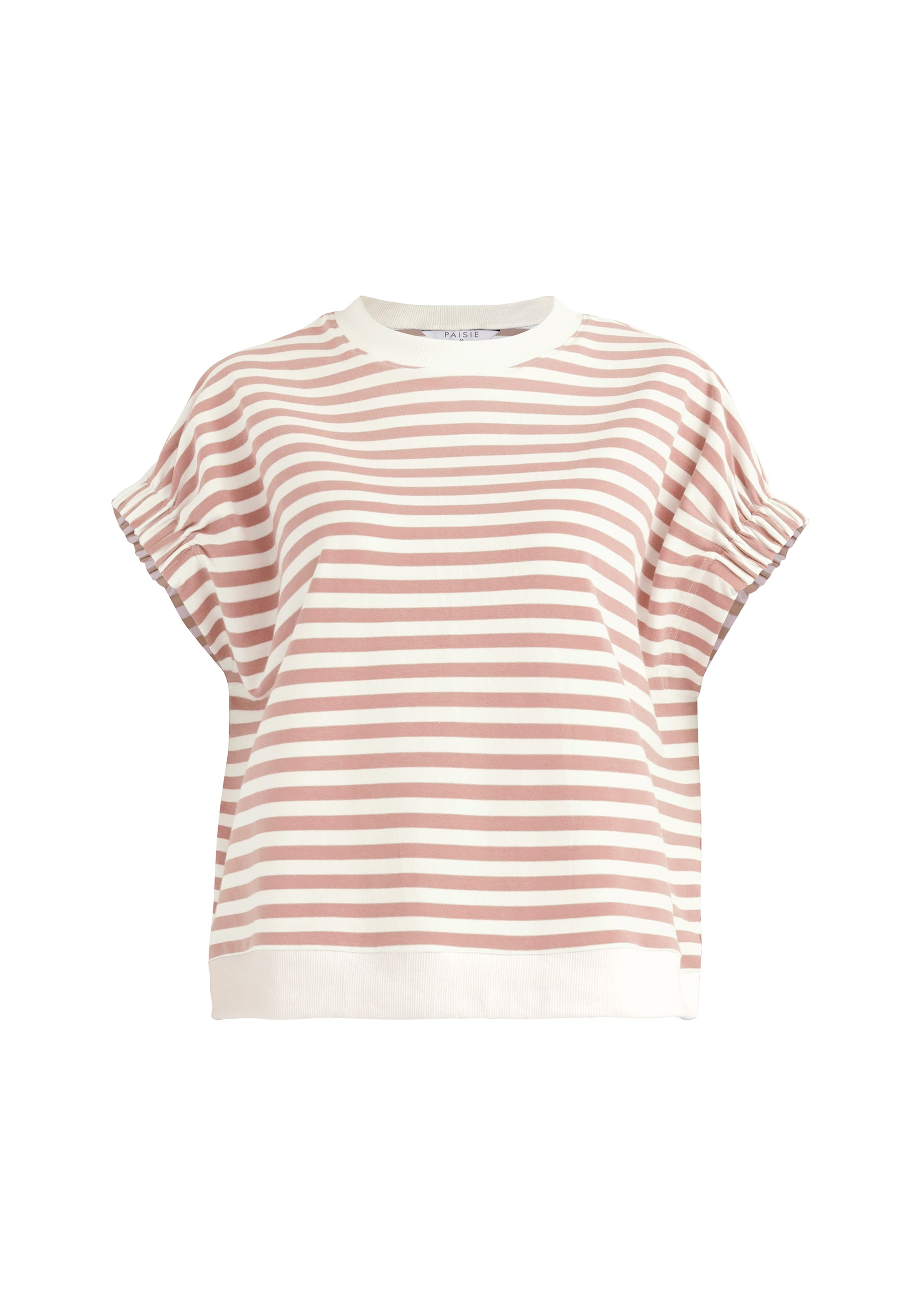 Paisie Striped Short Sleeve Sweatshirt in Pink and White Cut Out