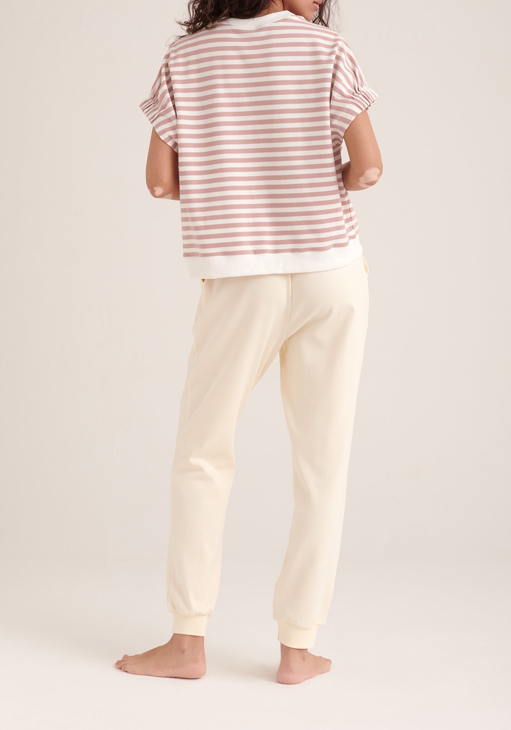 Paisie Striped Short Sleeve Sweatshirt in Pink and White Back