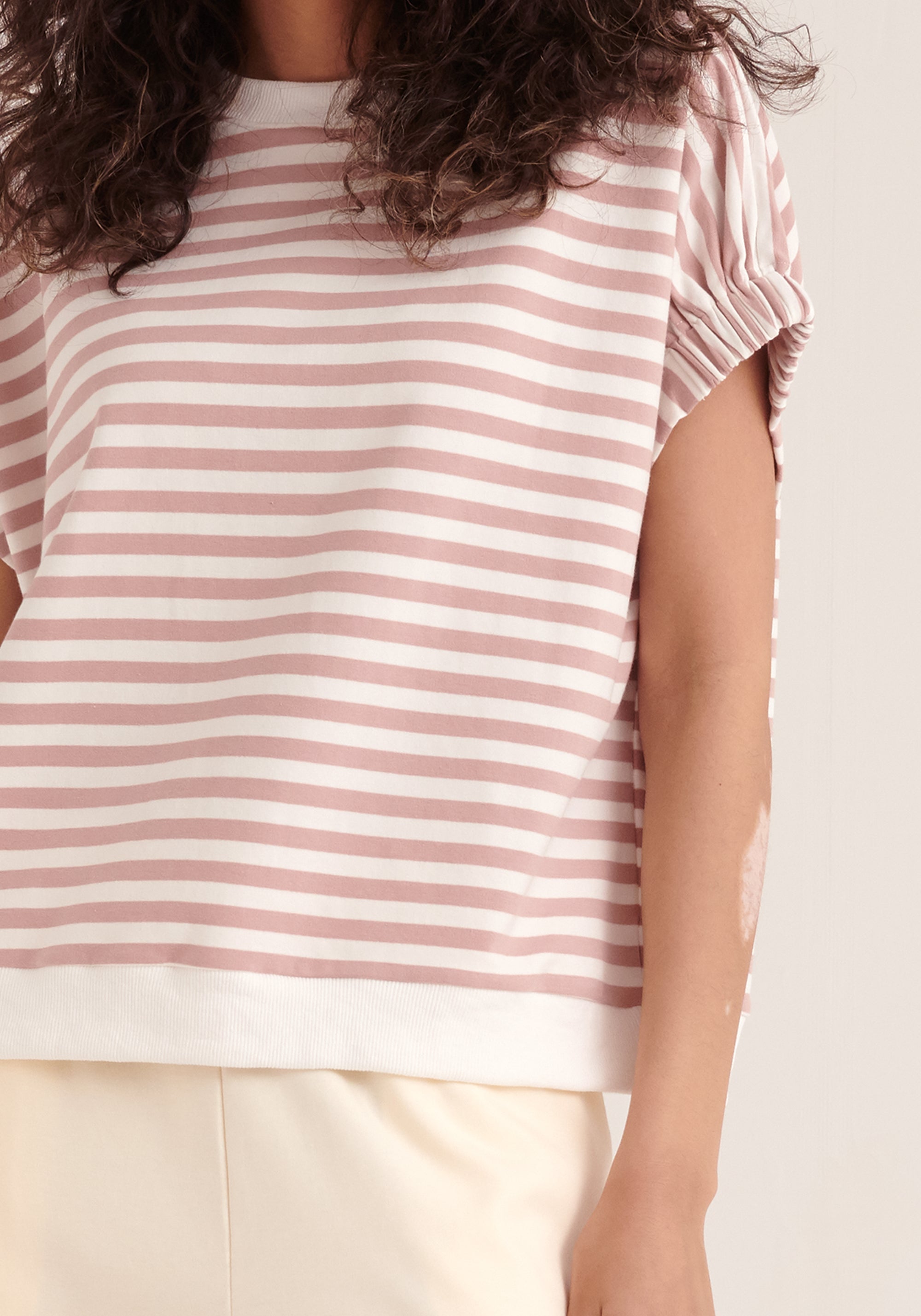 Paisie Striped Short Sleeve Sweatshirt in Pink and White Close Up