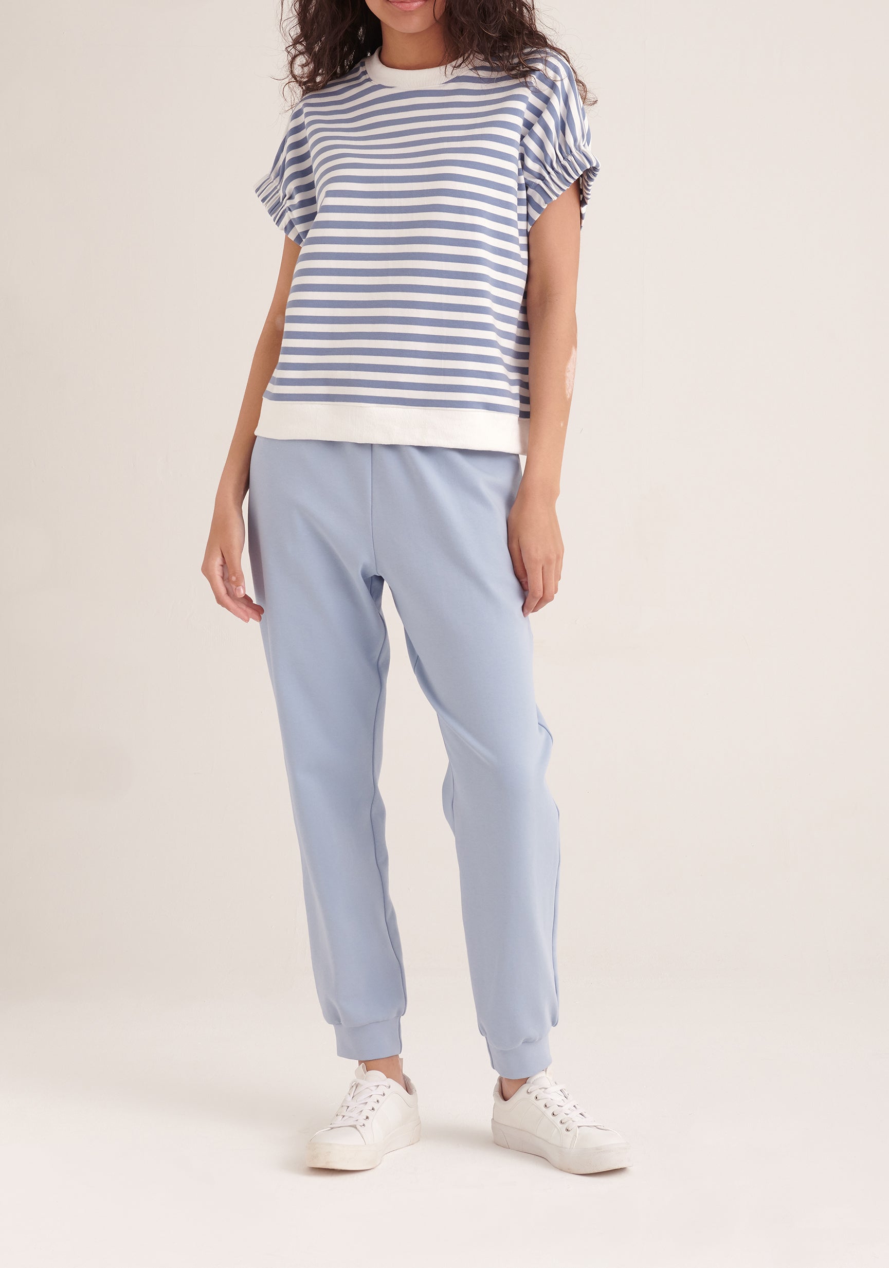 Paisie Striped Short Sleeve Sweatshirt in Blue and White