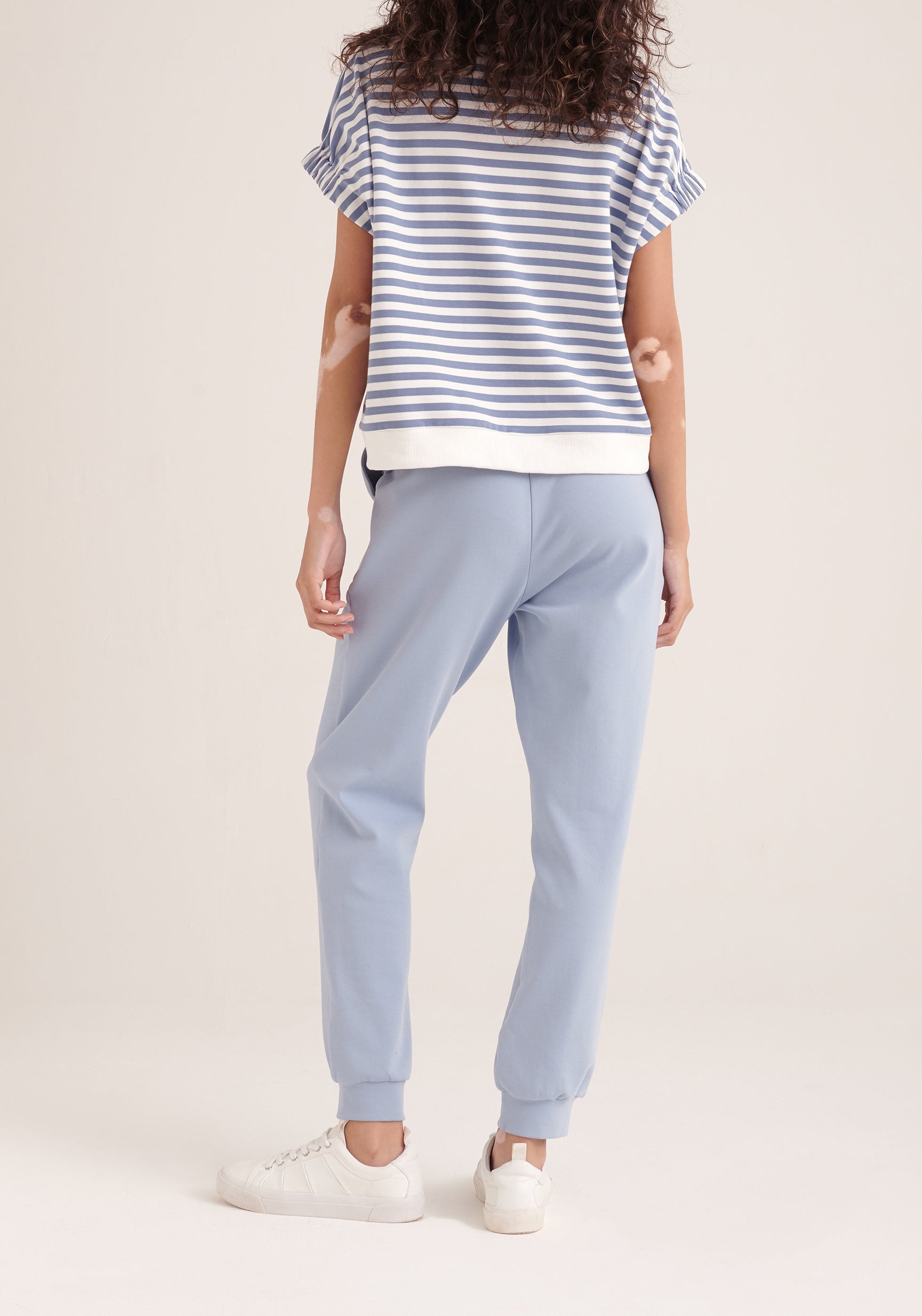 Paisie Striped Short Sleeve Sweatshirt in Blue and White Back