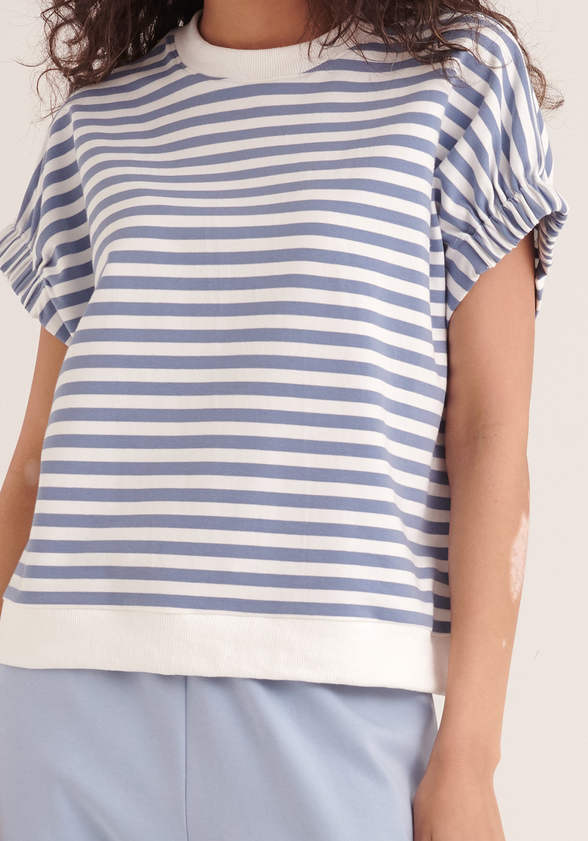 Paisie Striped Short Sleeve Sweatshirt in Blue and White Close Up