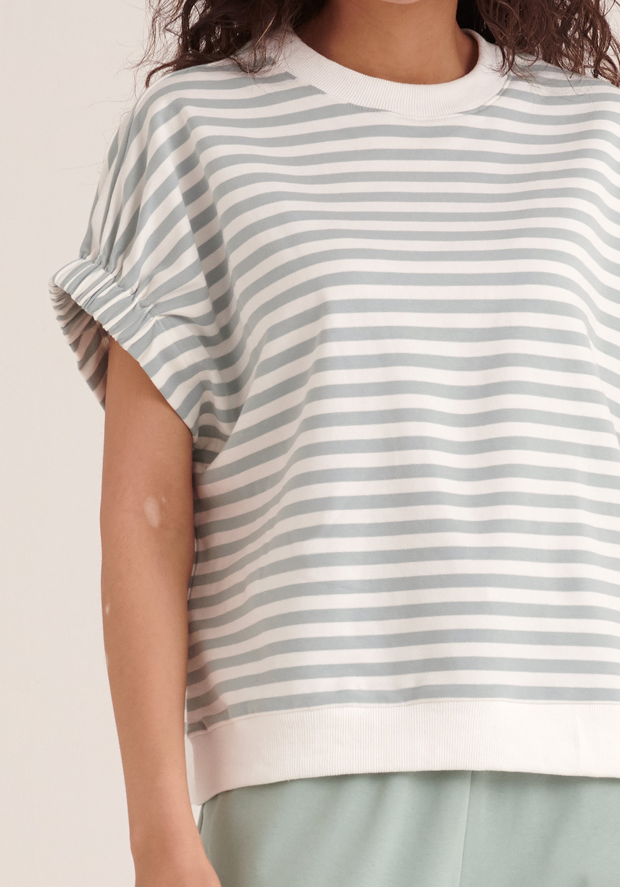 Paisie Striped Short Sleeve Sweatshirt in Green and White Close Up