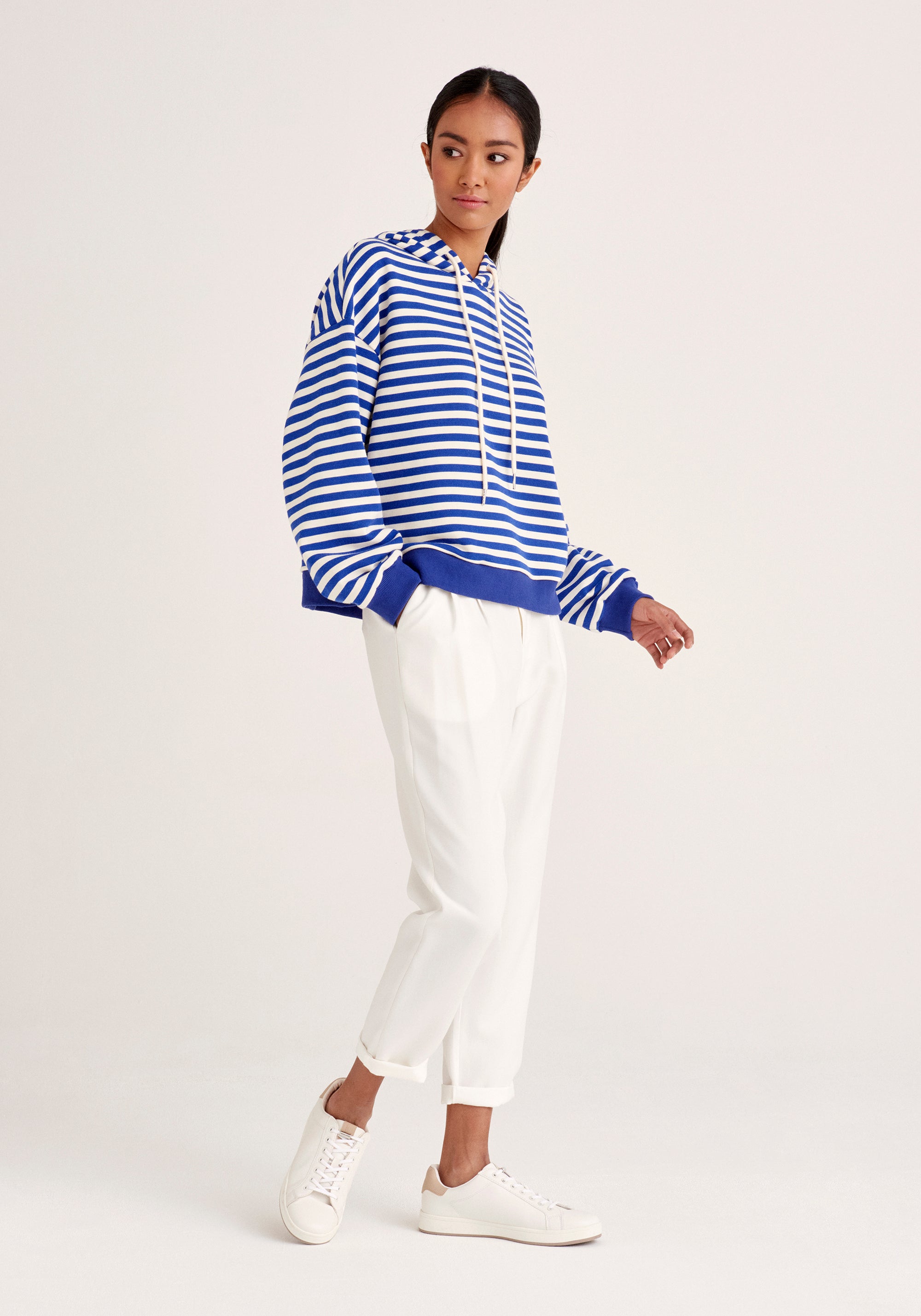 Paisie Striped Cotton Hoodie with Drawstrings in Blue and Cream