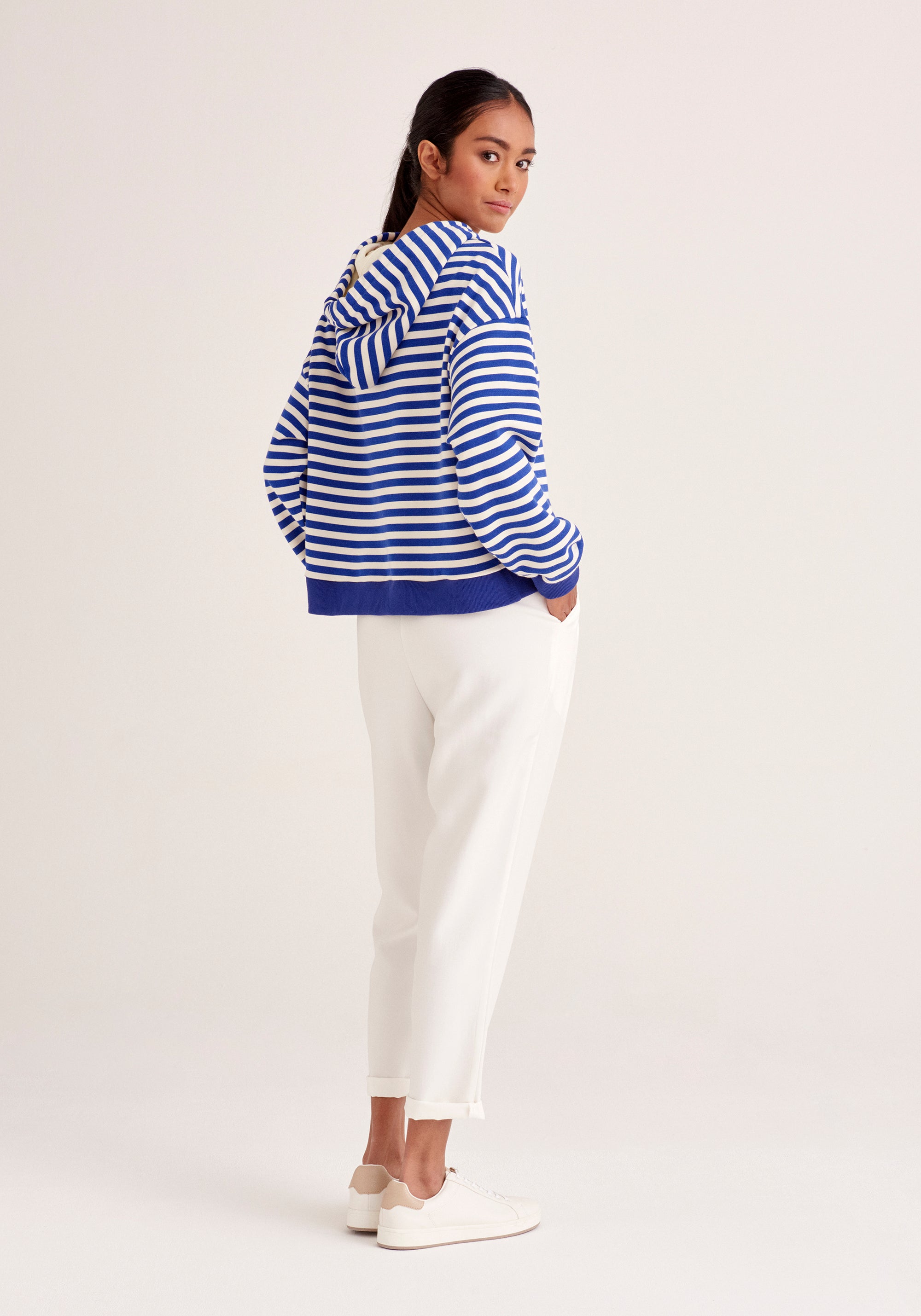 Paisie Striped Cotton Hoodie with Drawstrings in Blue and Cream Back