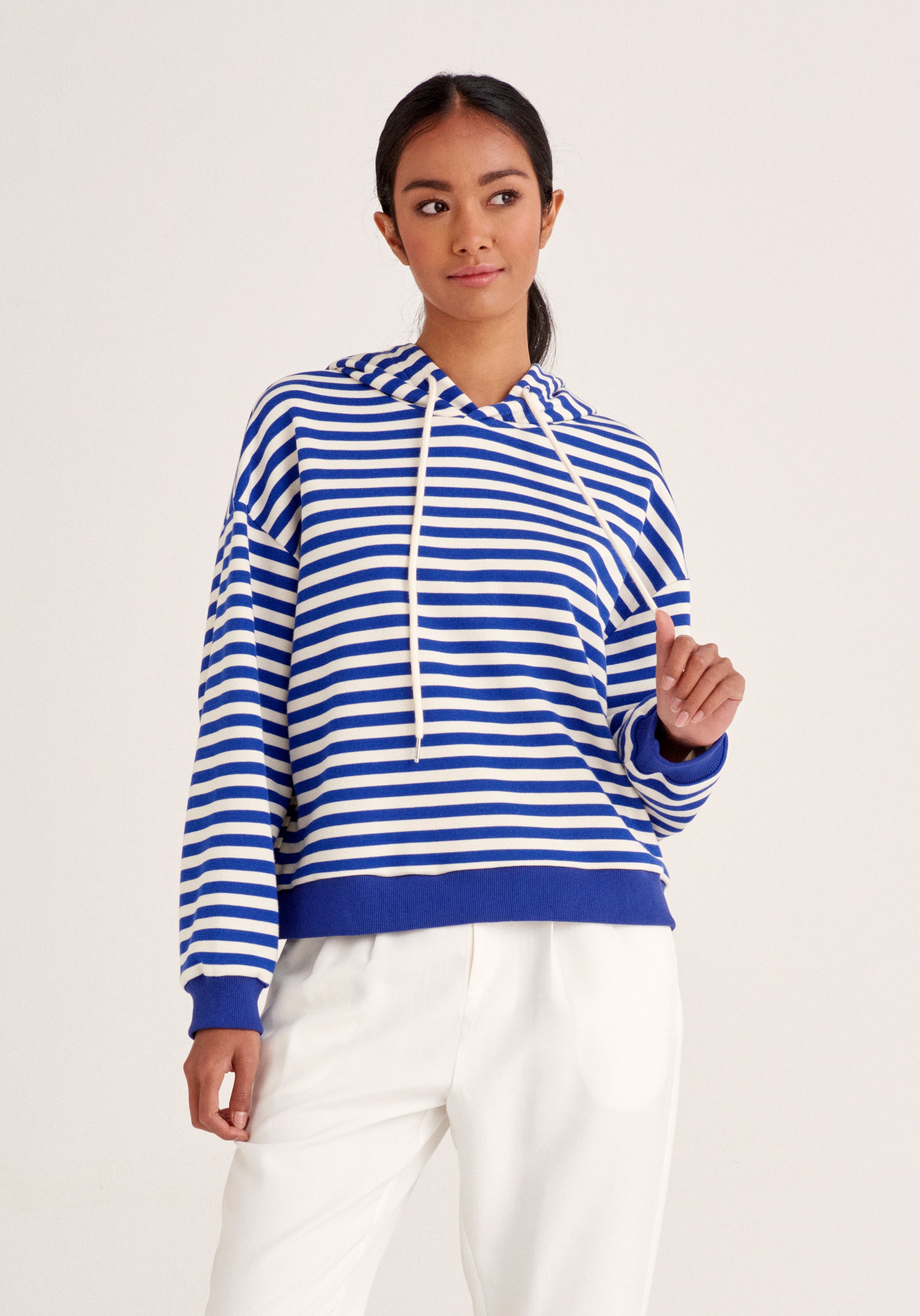 Paisie Striped Cotton Hoodie with Drawstrings in Blue and Cream