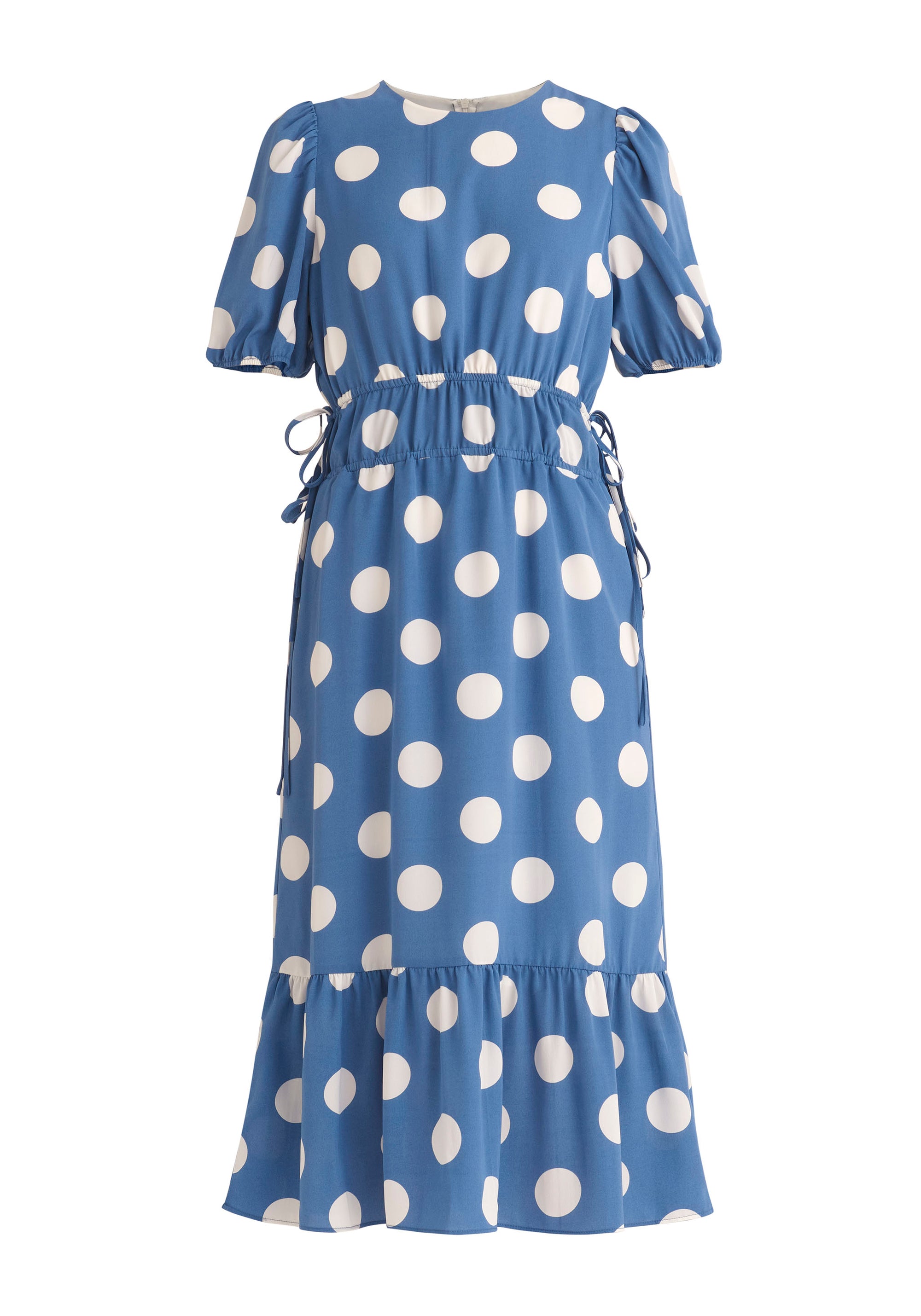 Paisie Polka Dot Midi Dress with Drawstrings in Blue and White Cut Out