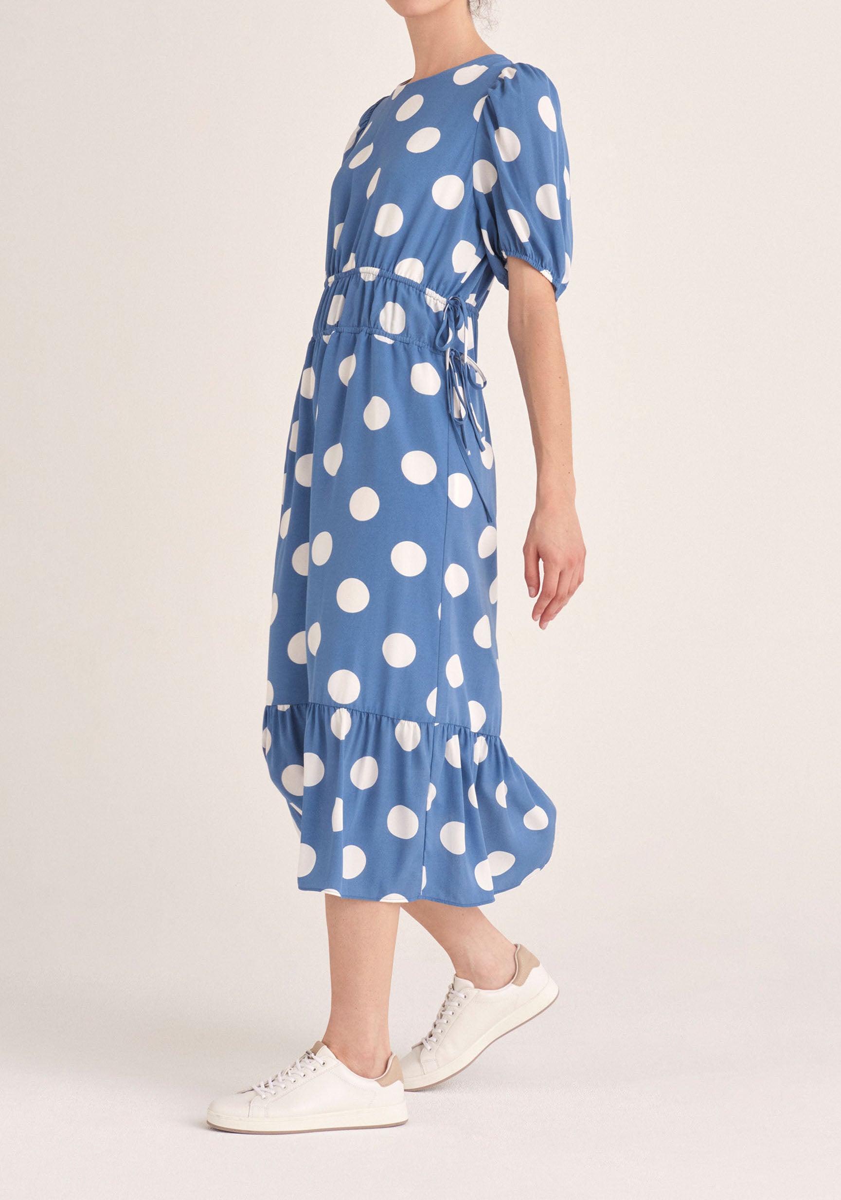 Paisie Polka Dot Midi Dress with Drawstrings in Blue and White