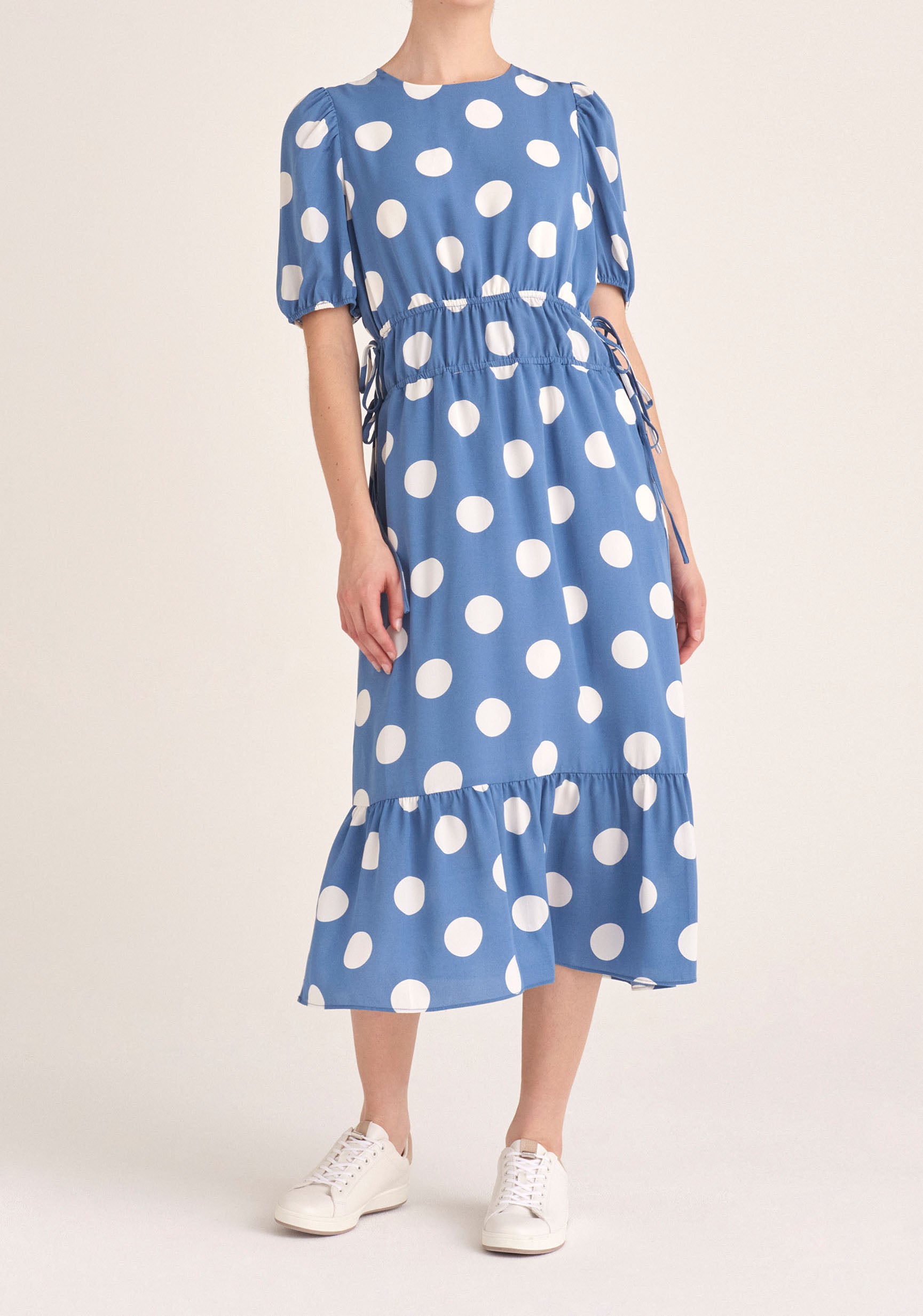 Paisie Polka Dot Midi Dress with Drawstrings in Blue and White