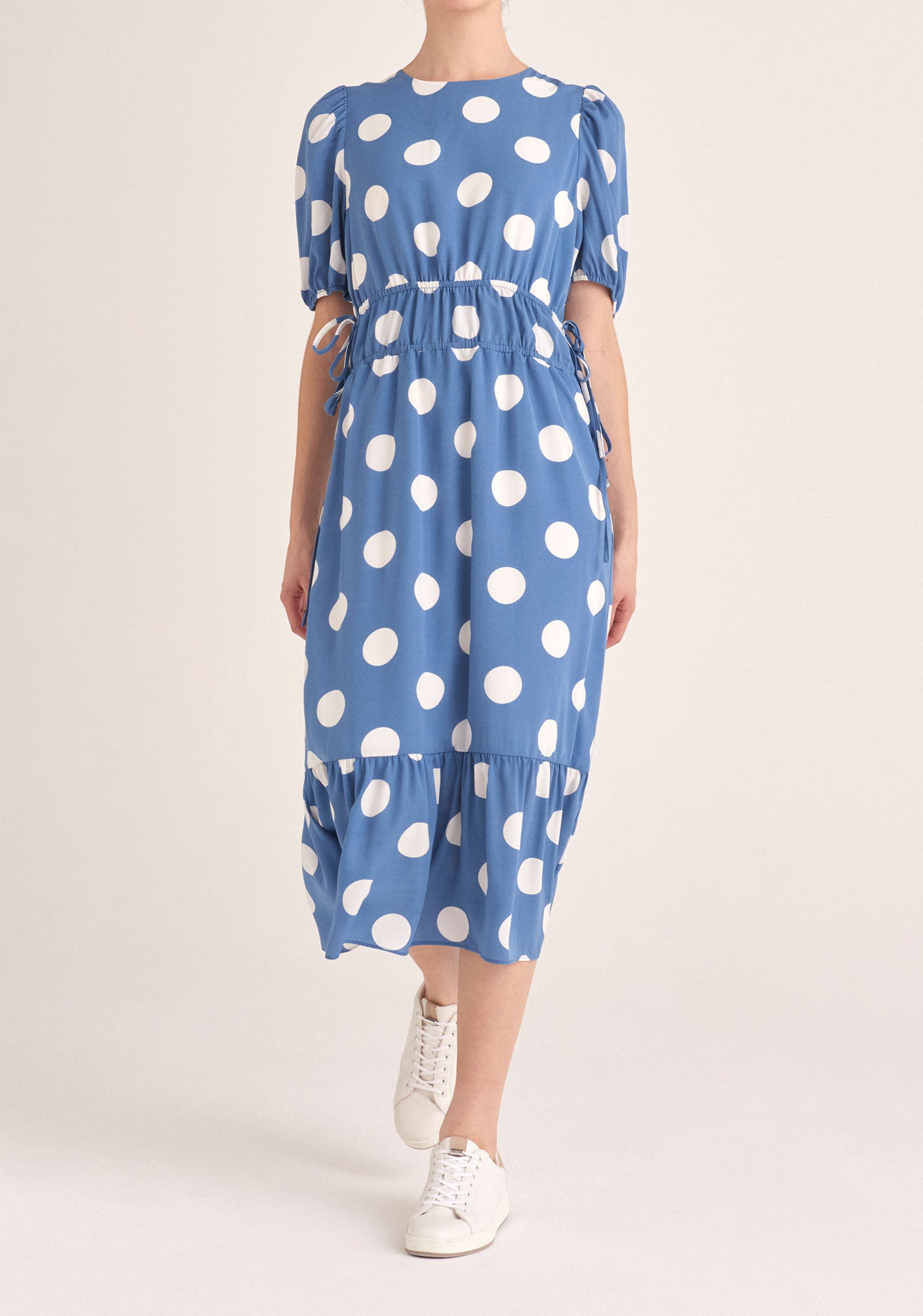 Paisie Polka Dot Midi Dress with Drawstrings in Blue and White