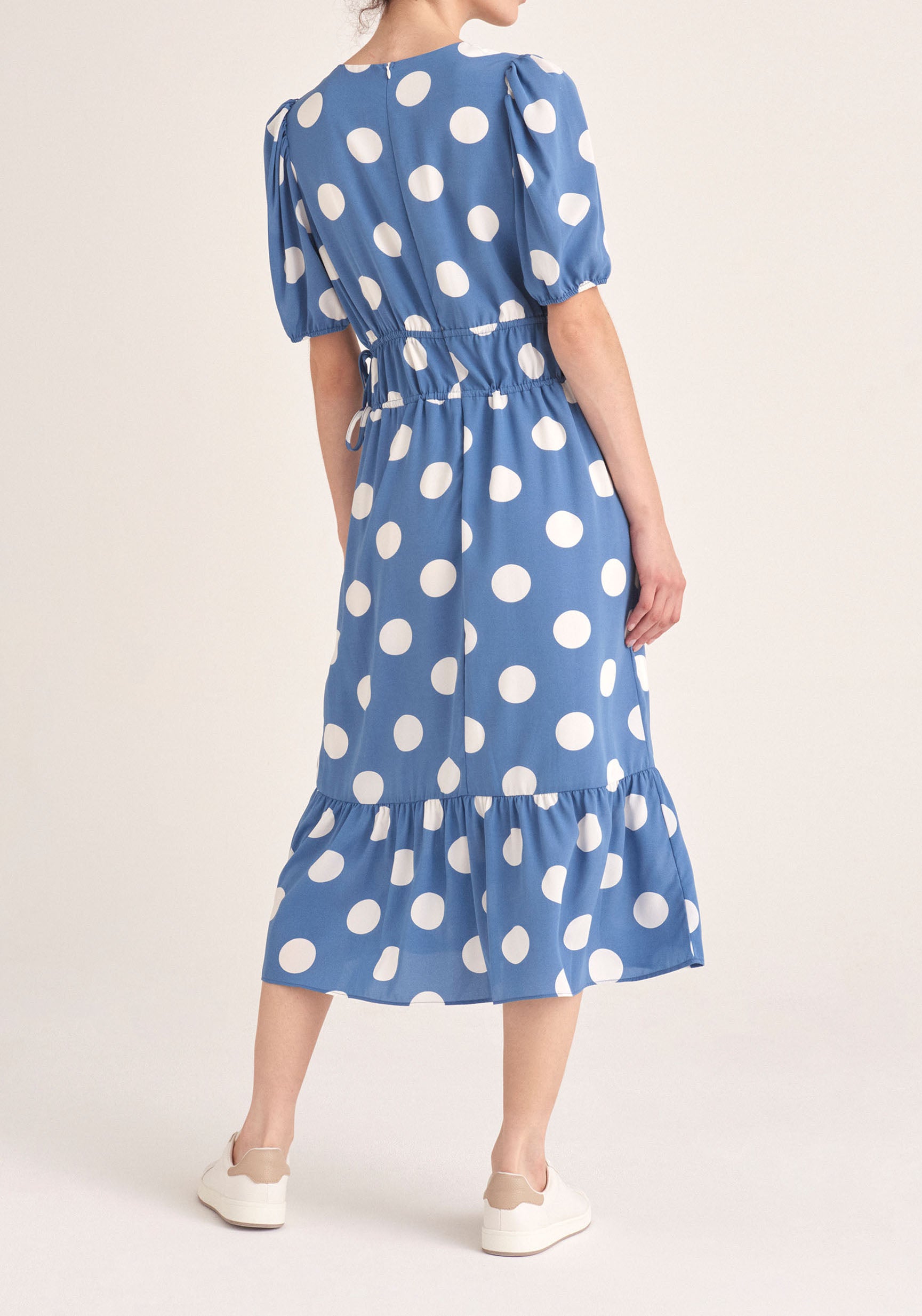 Paisie Polka Dot Midi Dress with Drawstrings in Blue and White Back