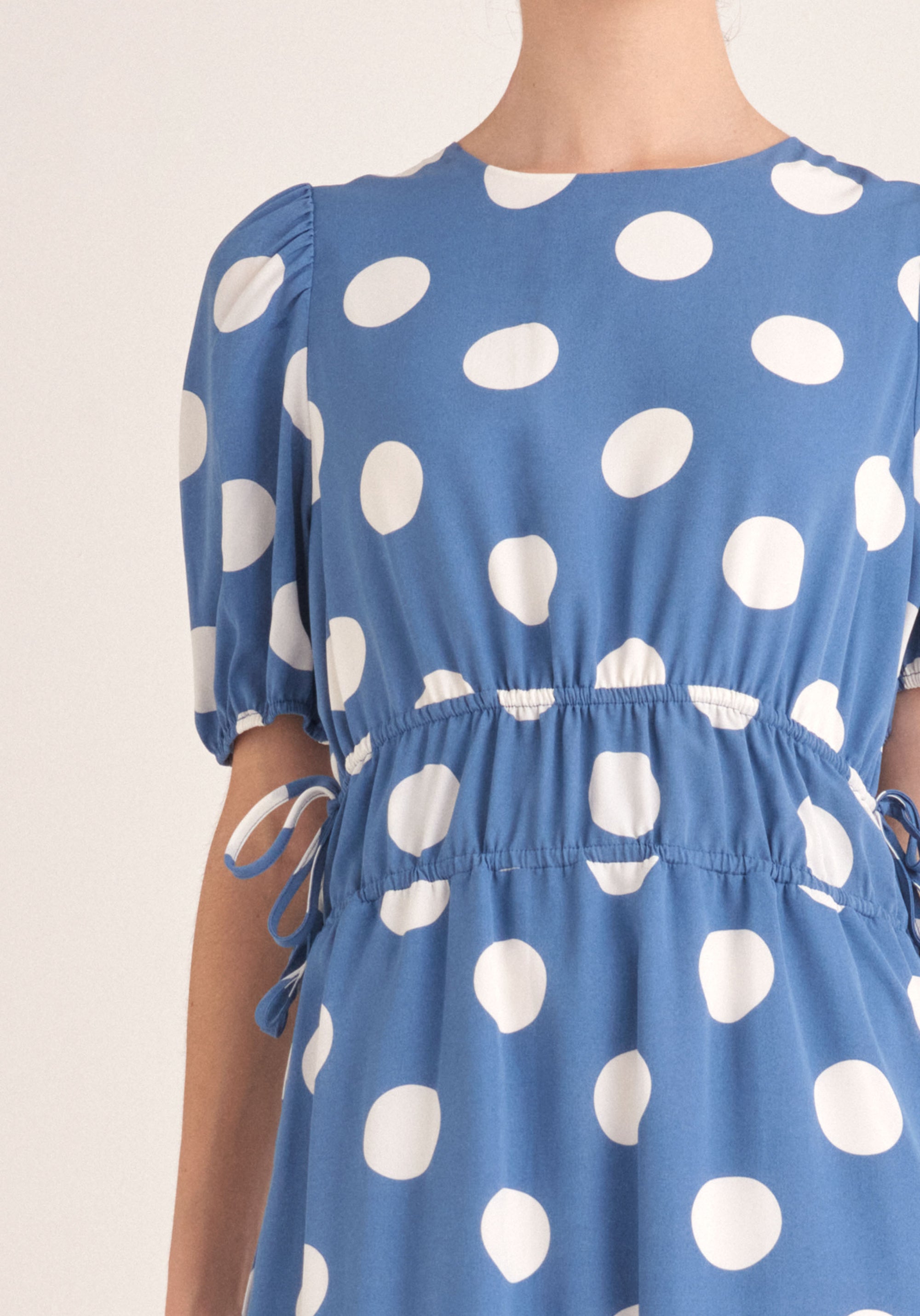 Paisie Polka Dot Midi Dress with Drawstrings in Blue and White Close Up