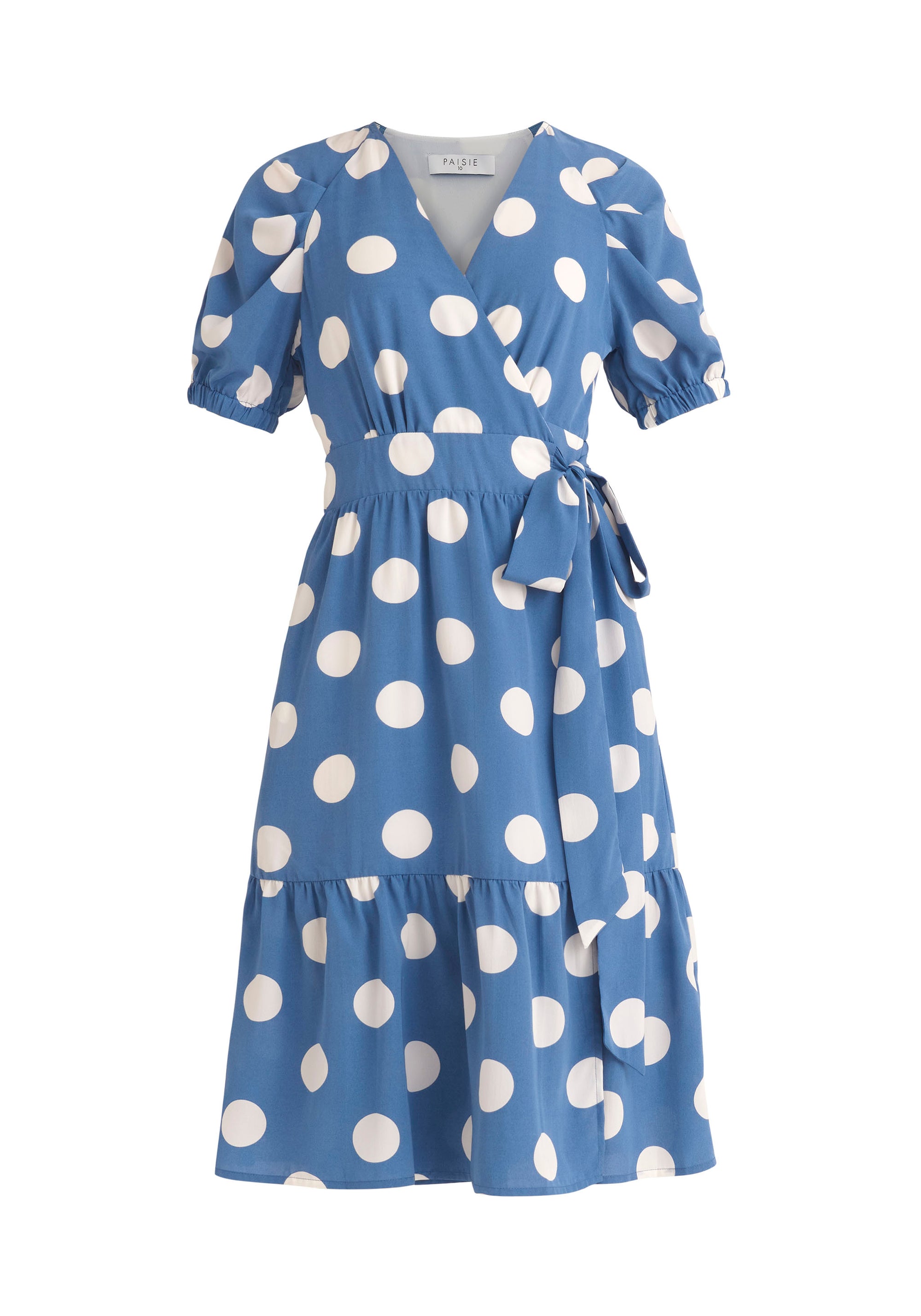 Paisie Polka Dot Midi Wrap Dress with Peplum Hem in Blue and White Cut Out