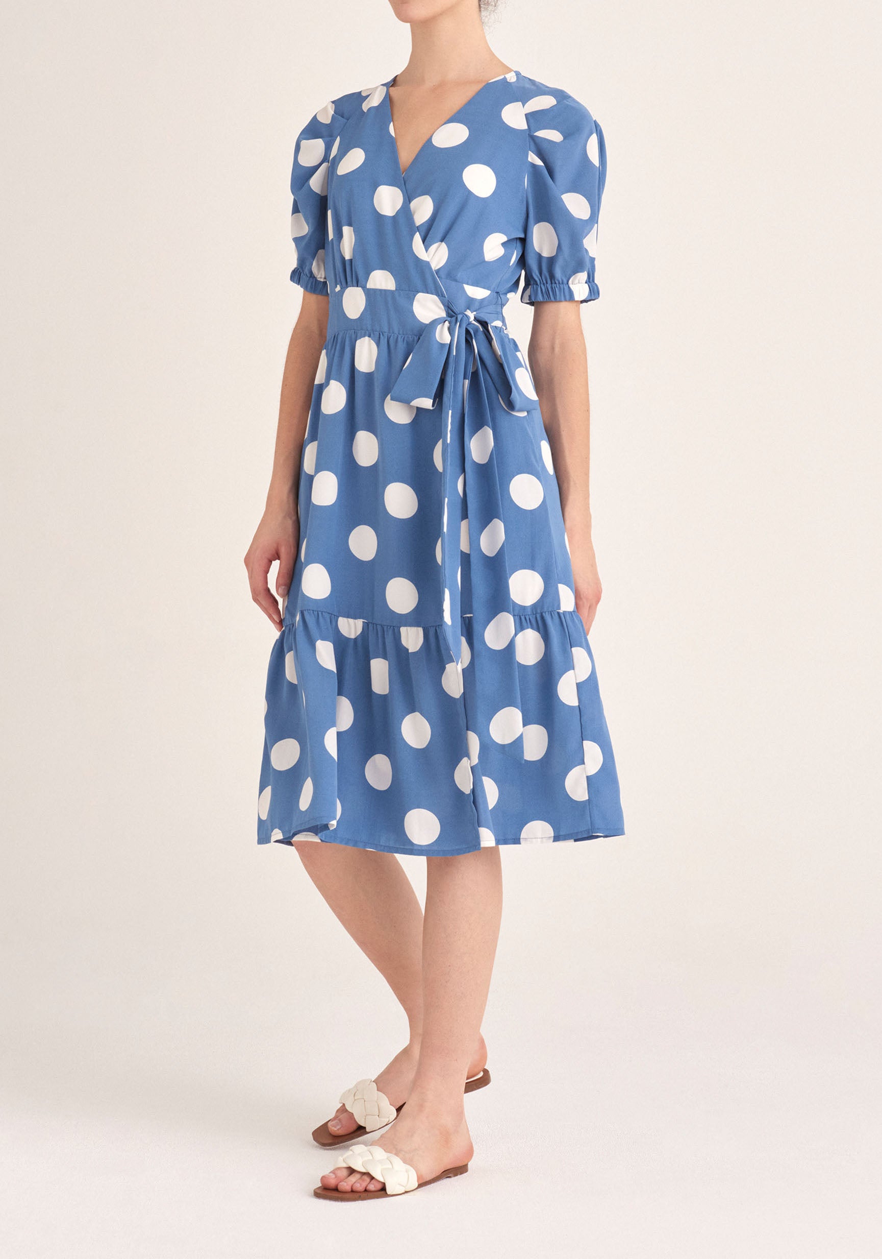 Paisie Polka Dot Midi Wrap Dress with Peplum Hem in Blue and White