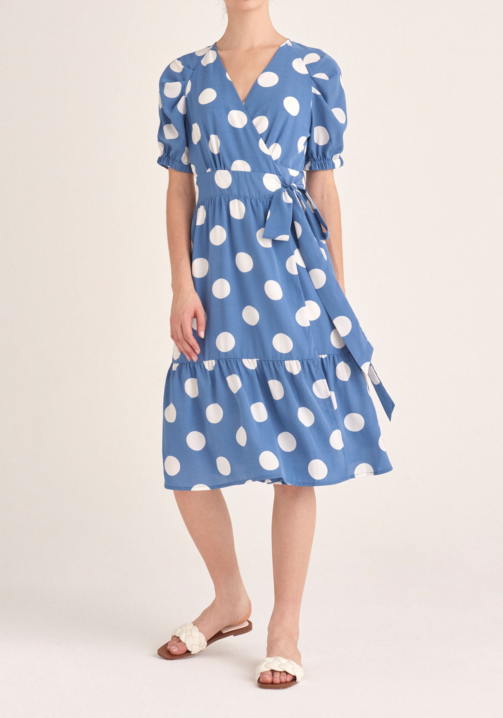 Paisie Polka Dot Midi Wrap Dress with Peplum Hem in Blue and White