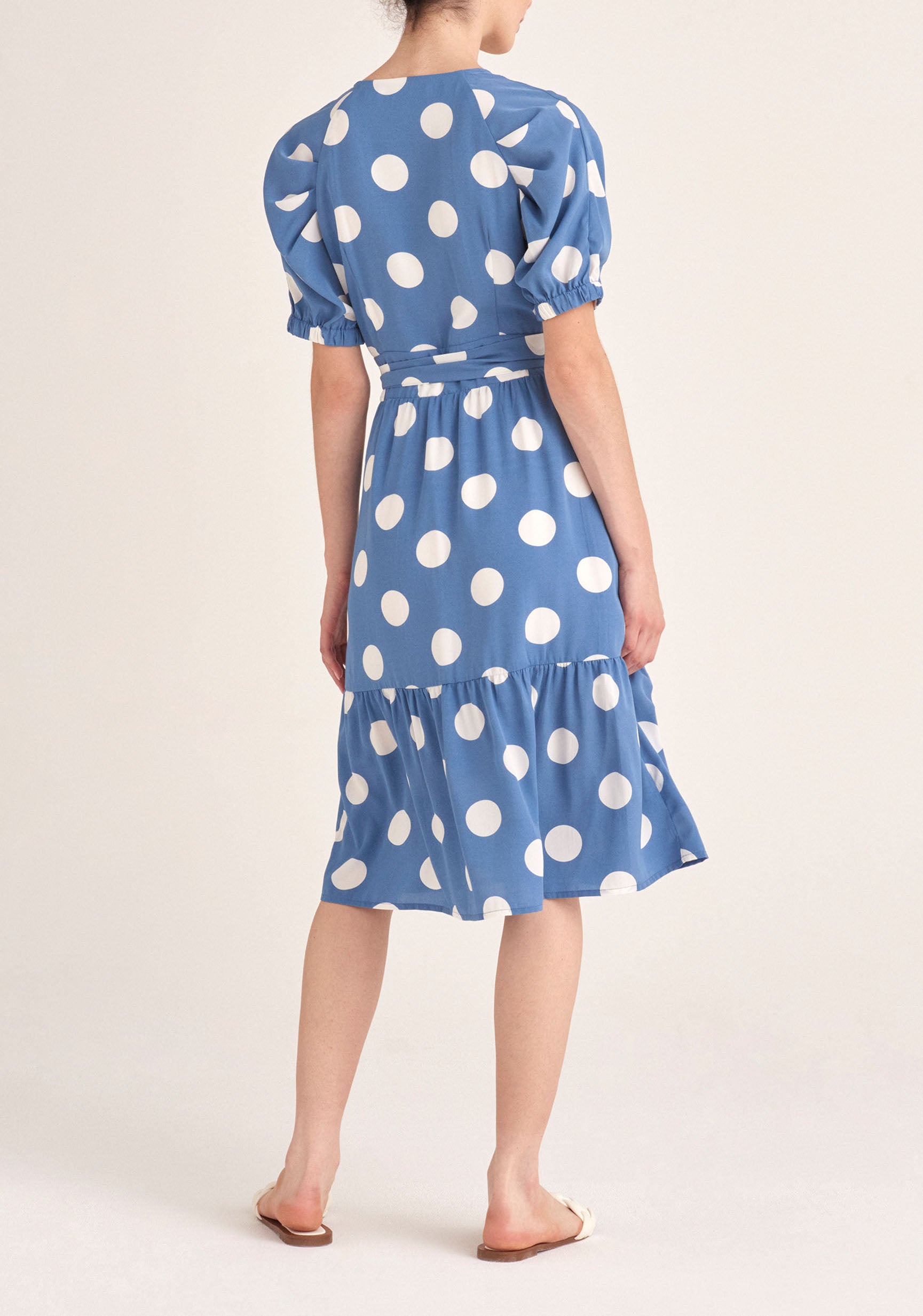 Paisie Polka Dot Midi Wrap Dress with Peplum Hem in Blue and White Back