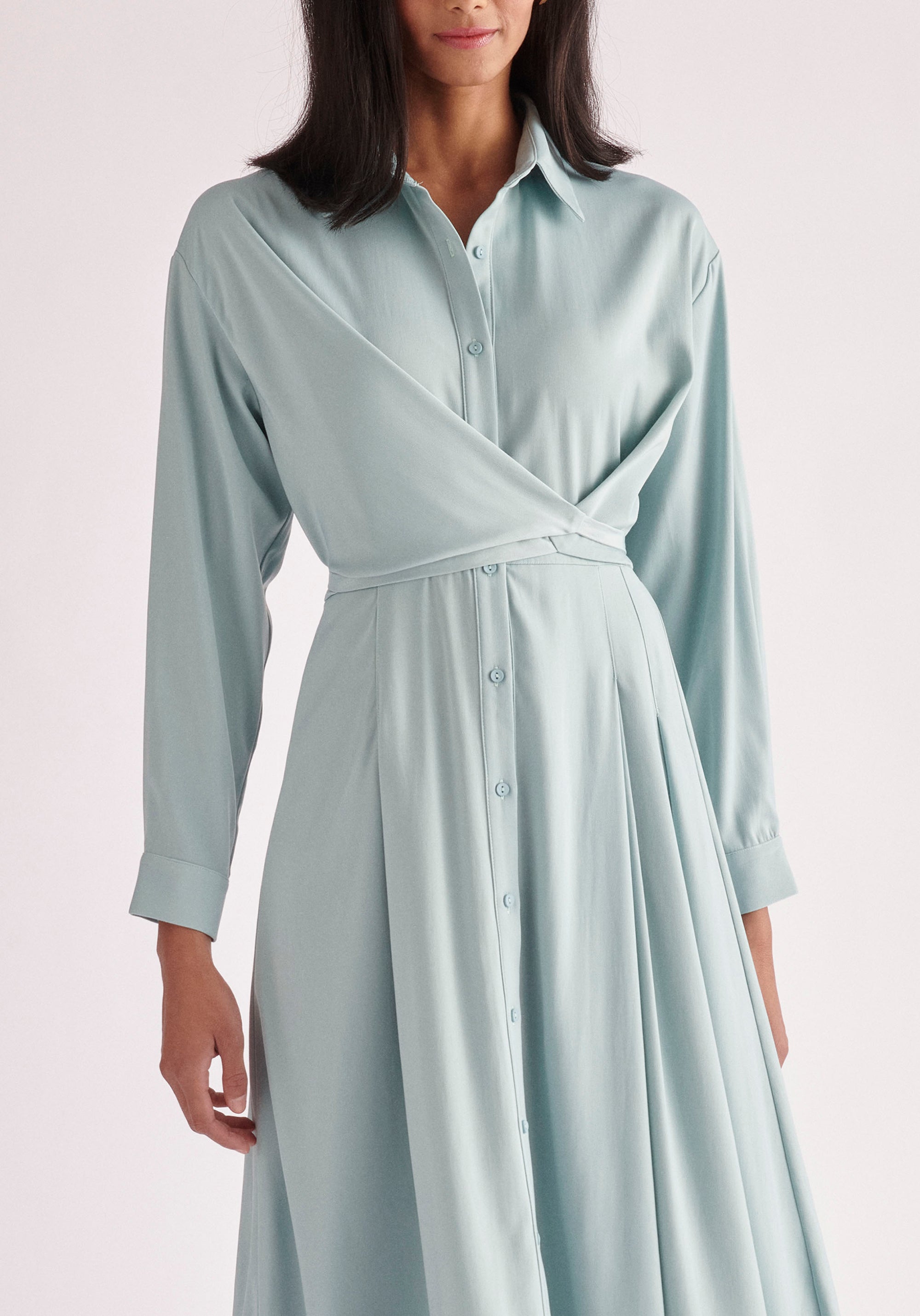 Paisie Side Tie Shirt Dress in Teal Close Up