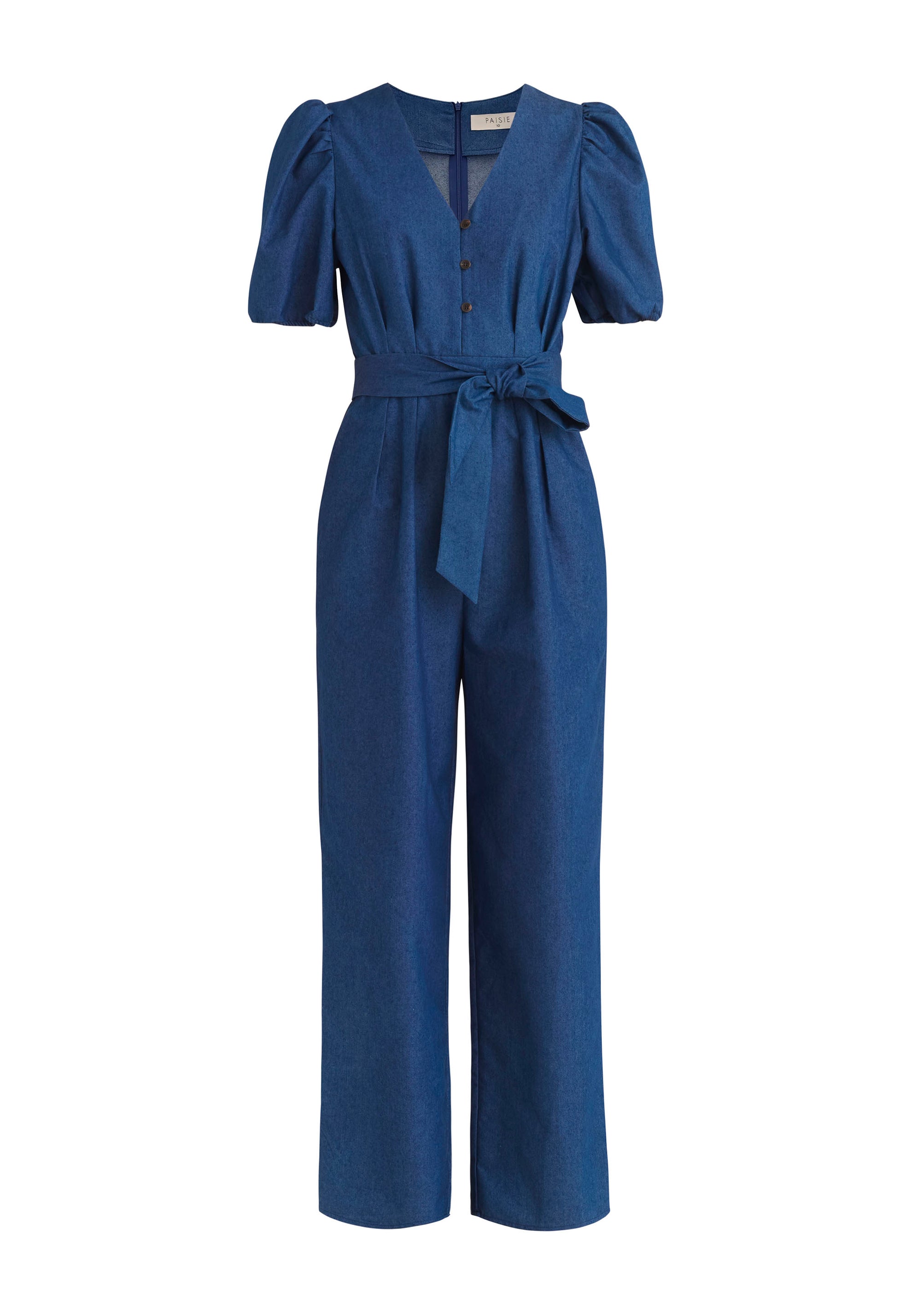 Paisie Puff Sleeve Denim Jumpsuit with Belt in Blue Cut Out