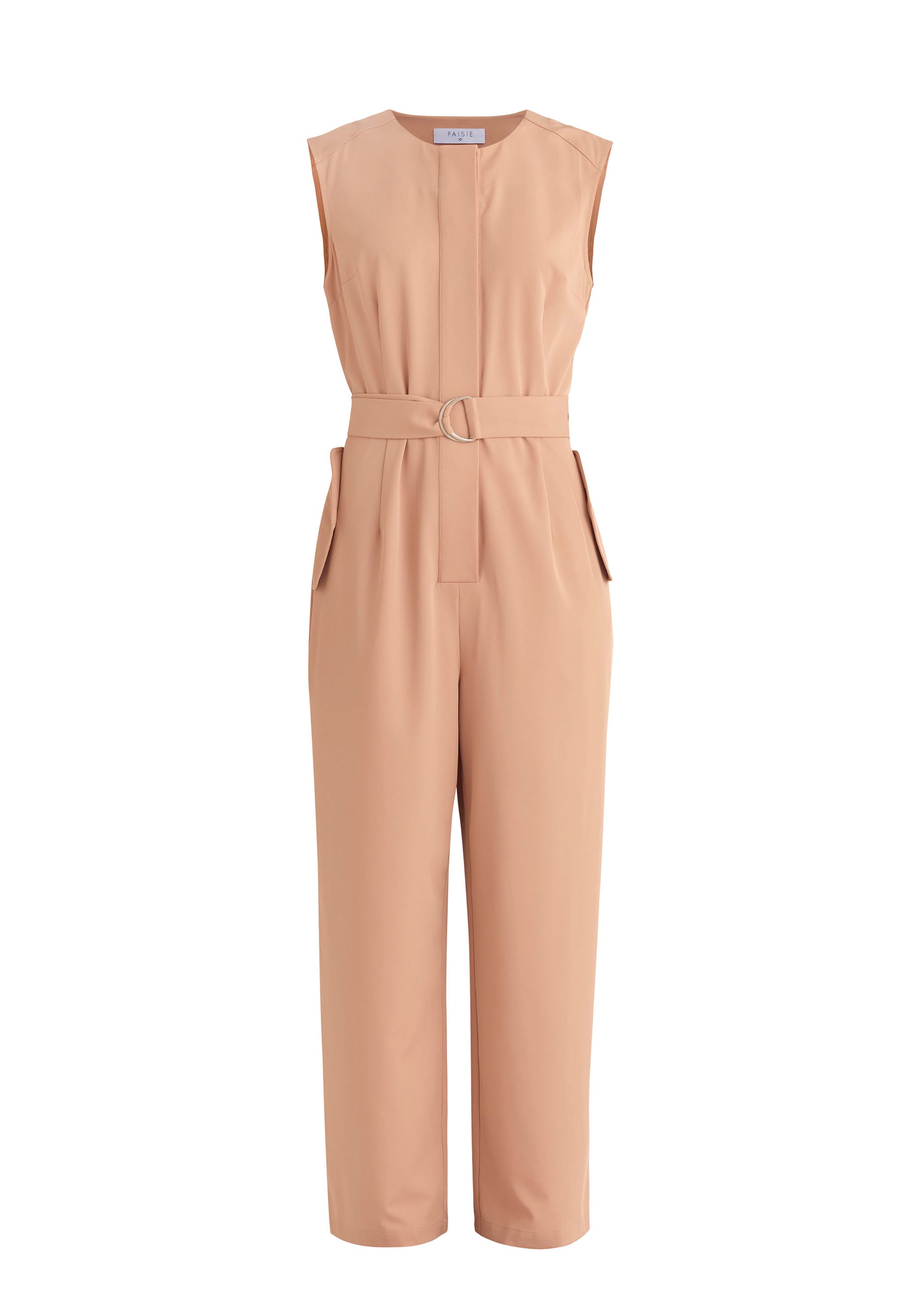 Paisie Sleeveless Utility Jumpsuit with Self Belt in Tan Cut Out