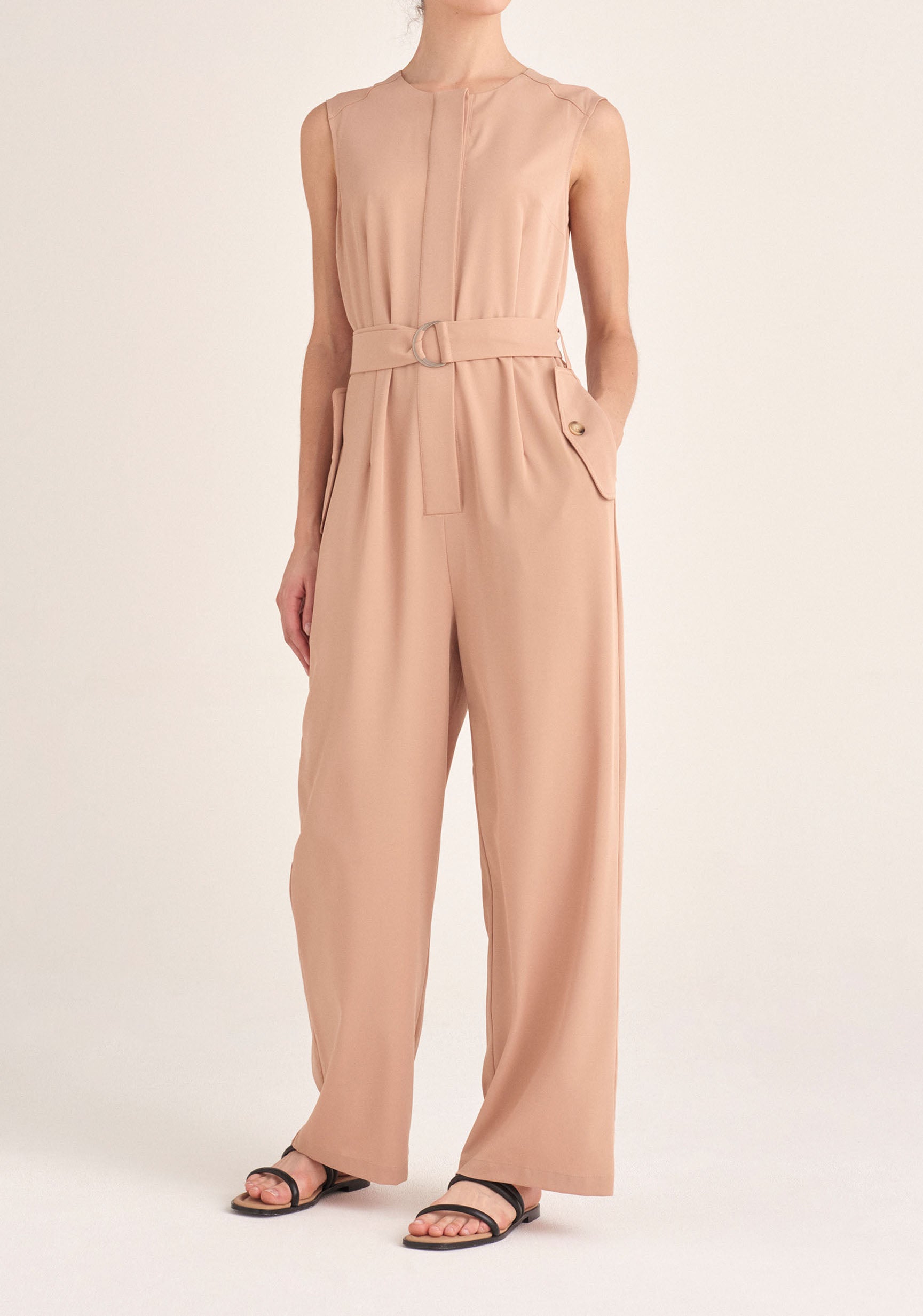 Paisie Sleeveless Utility Jumpsuit with Self Belt in Tan