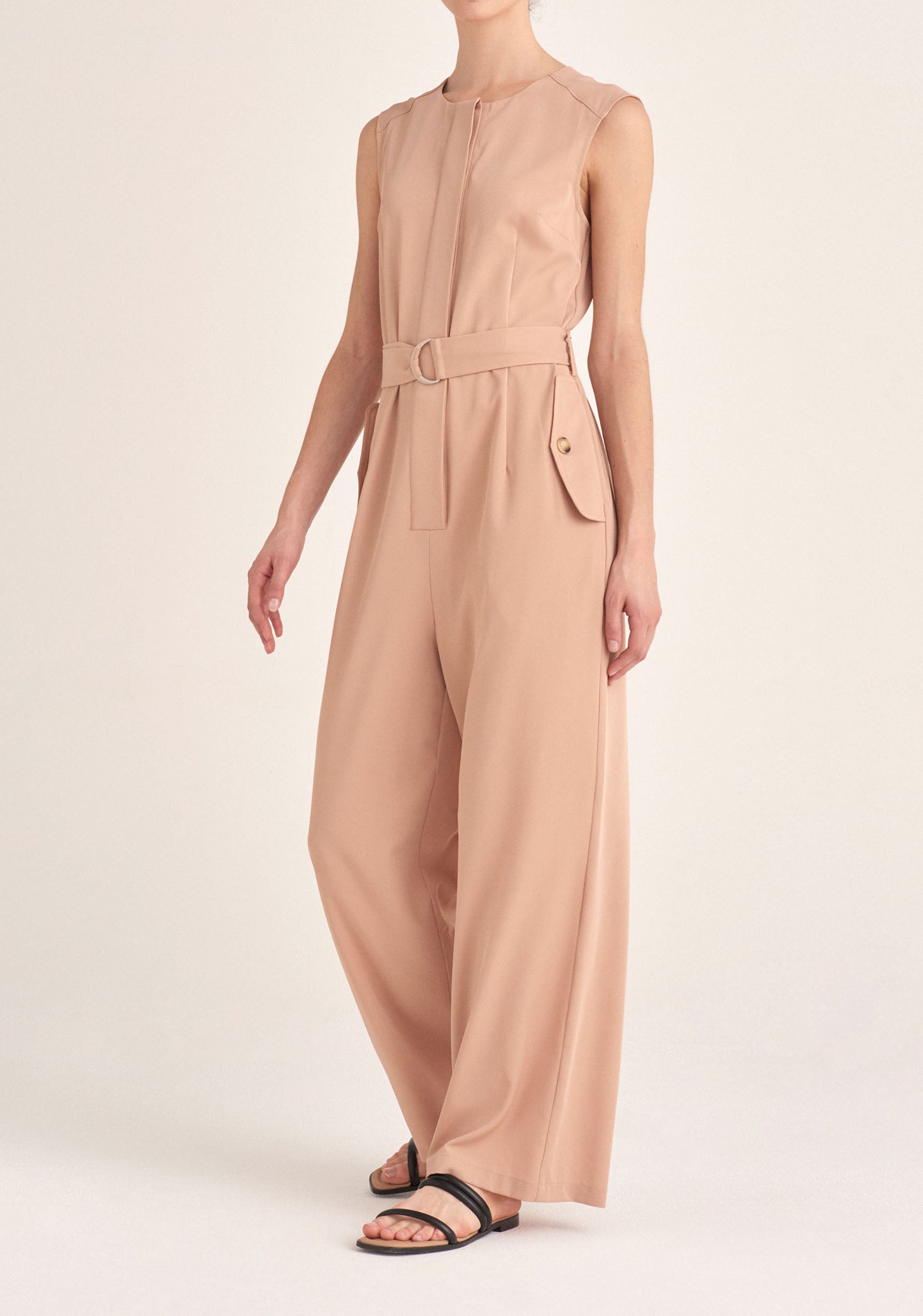 Paisie Sleeveless Utility Jumpsuit with Self Belt in Tan