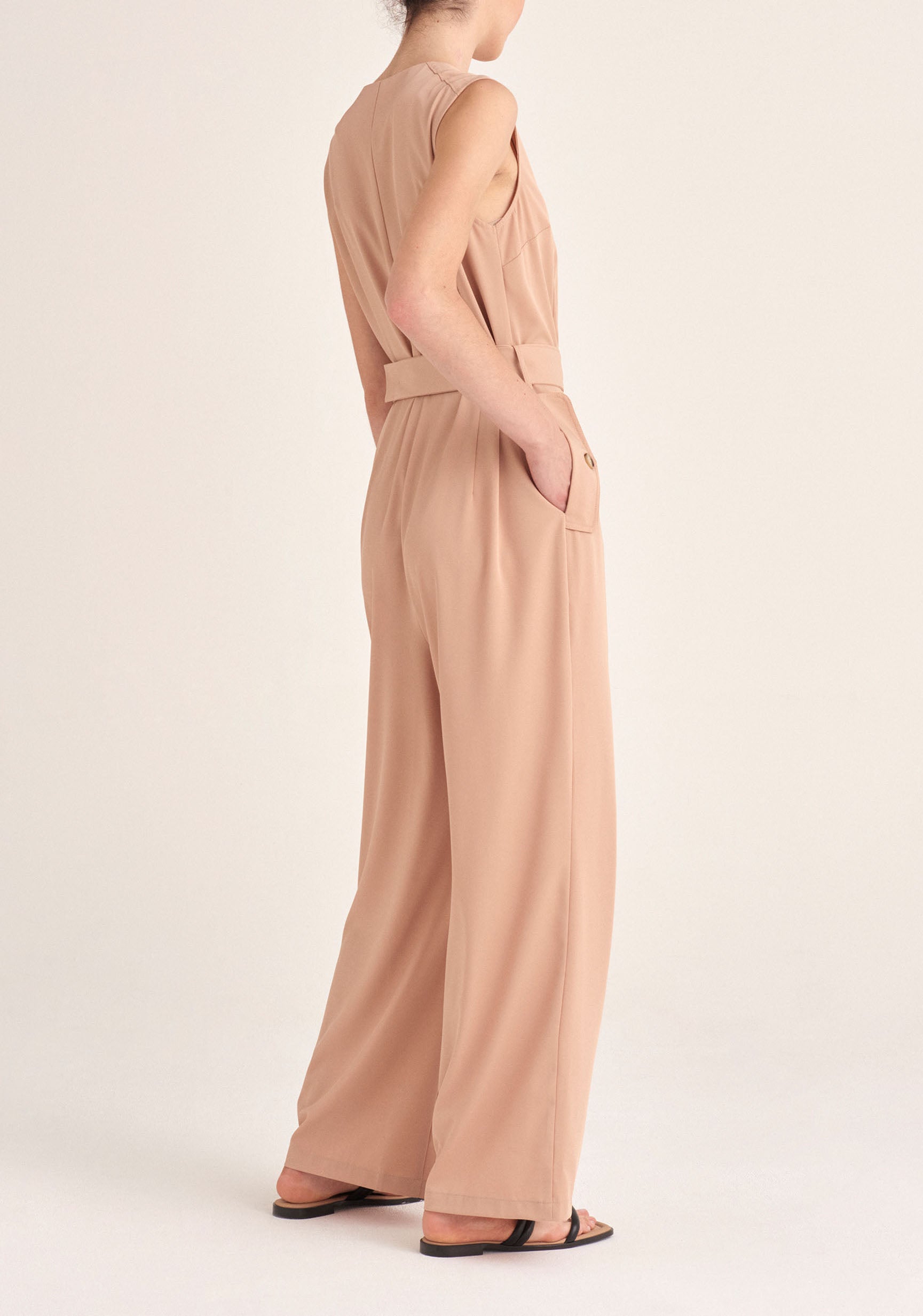 Paisie Sleeveless Utility Jumpsuit with Self Belt in Tan Back