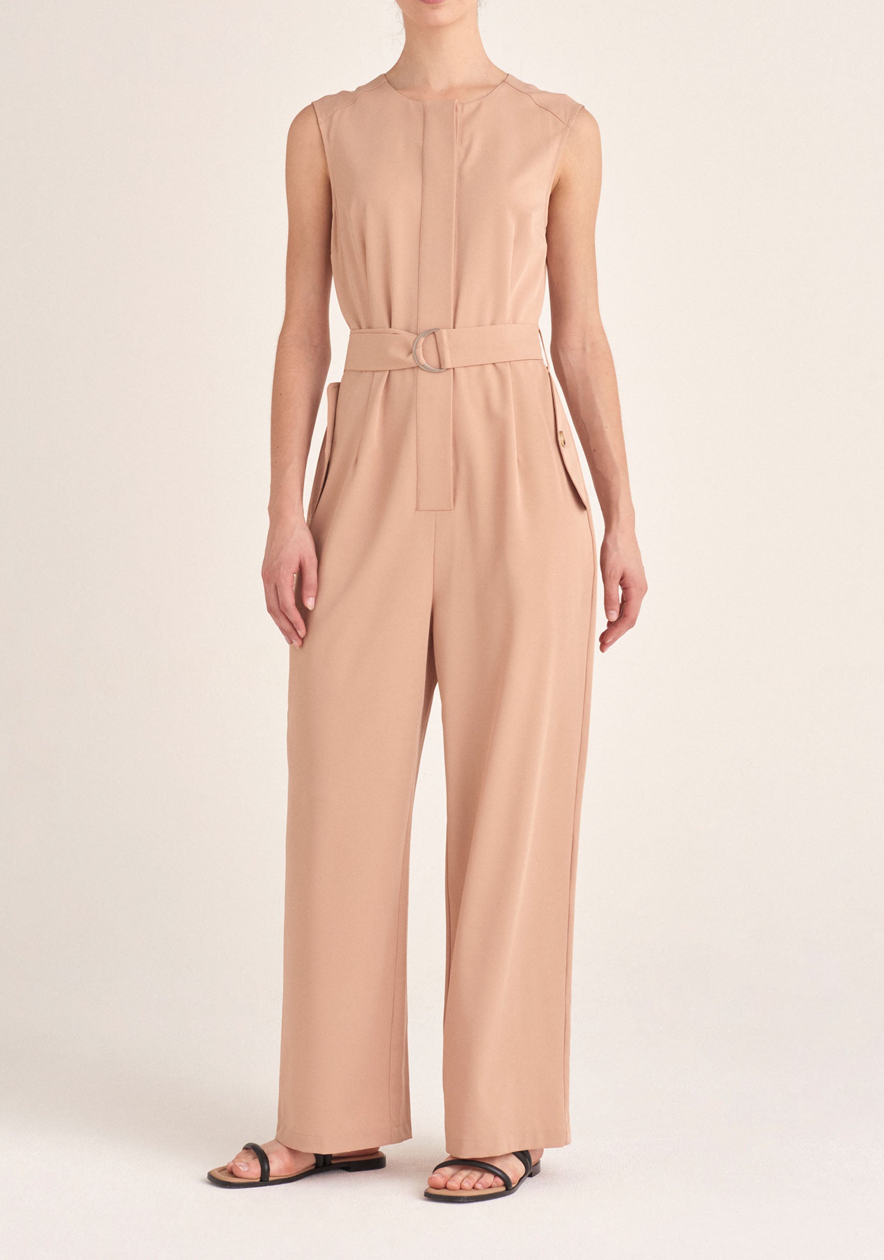 Paisie Sleeveless Utility Jumpsuit with Self Belt in Tan