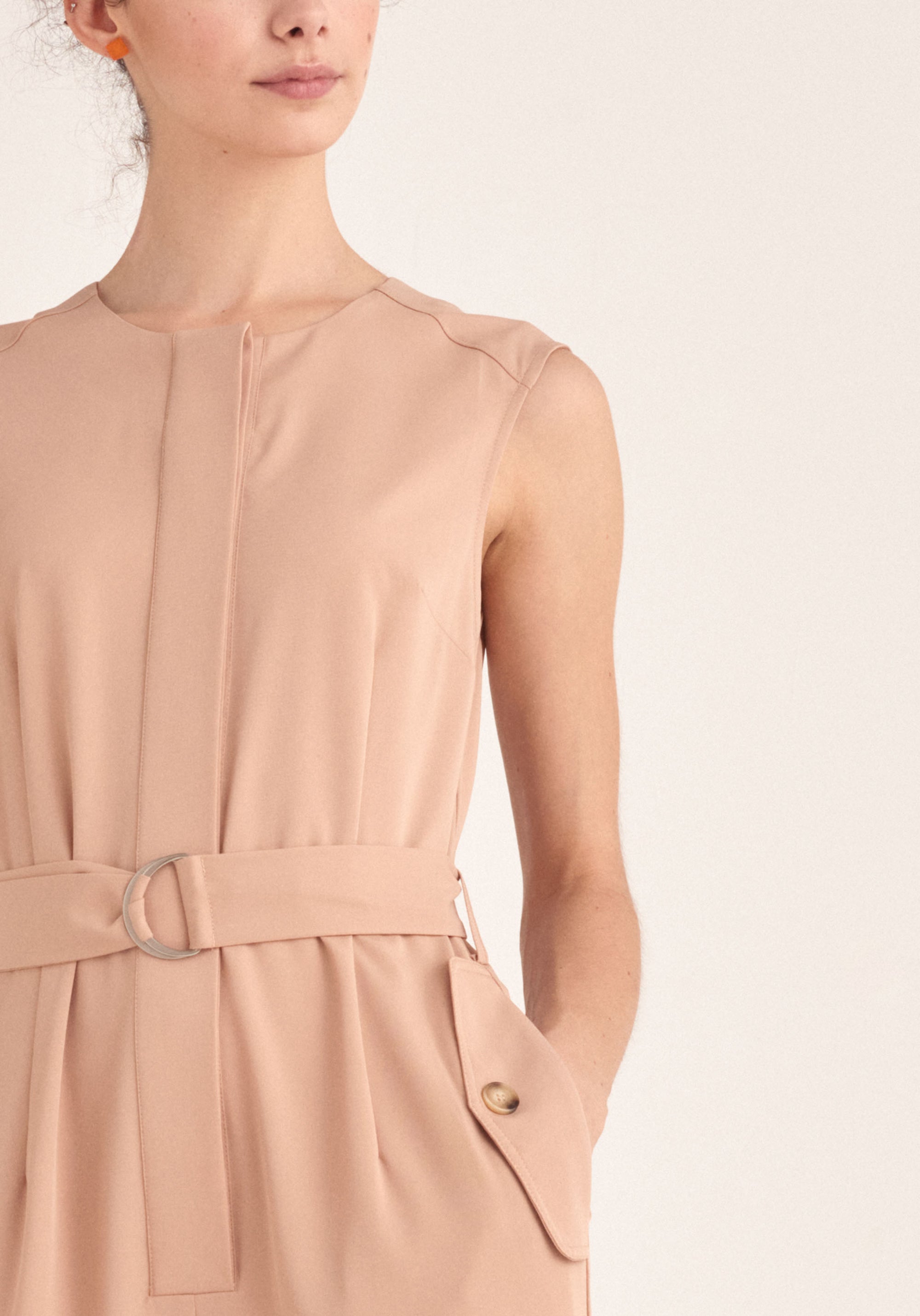 Paisie Sleeveless Utility Jumpsuit with Self Belt in Tan Close Up