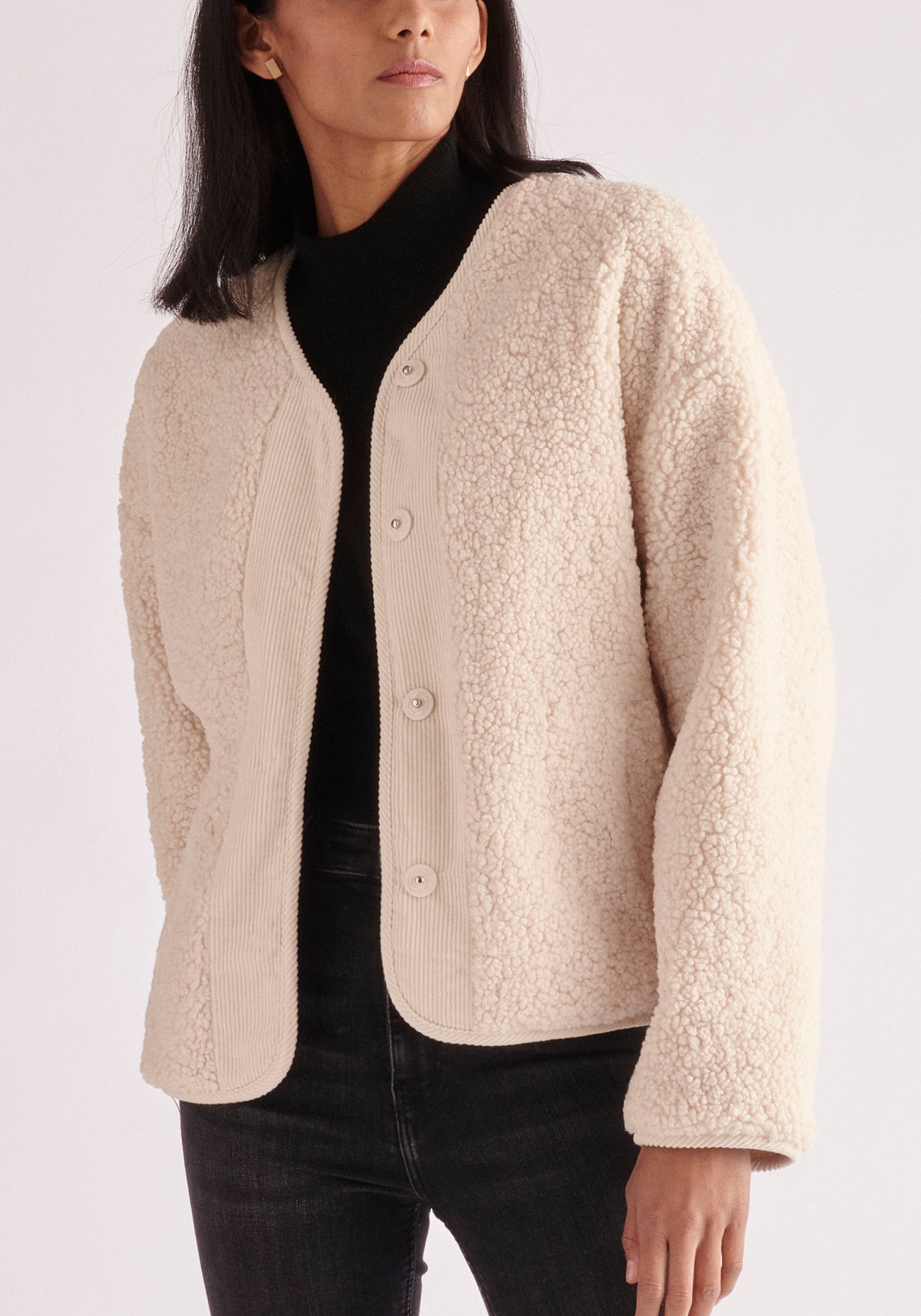 Paisie Reversible Corduroy and Fleece Jacket in Cream Close Up