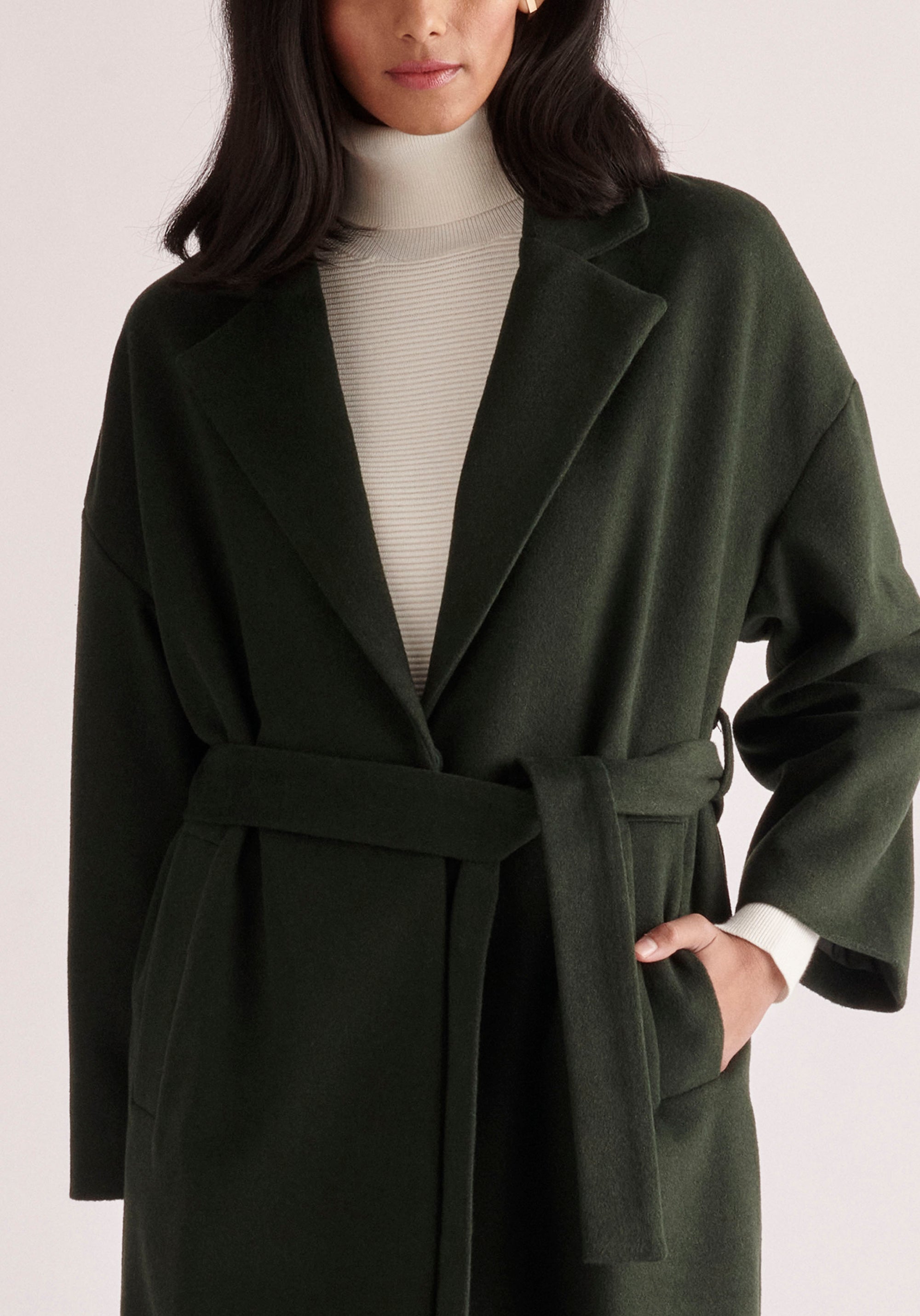 Paisie Belted Wool Blend Coat in Dark Green Close Up