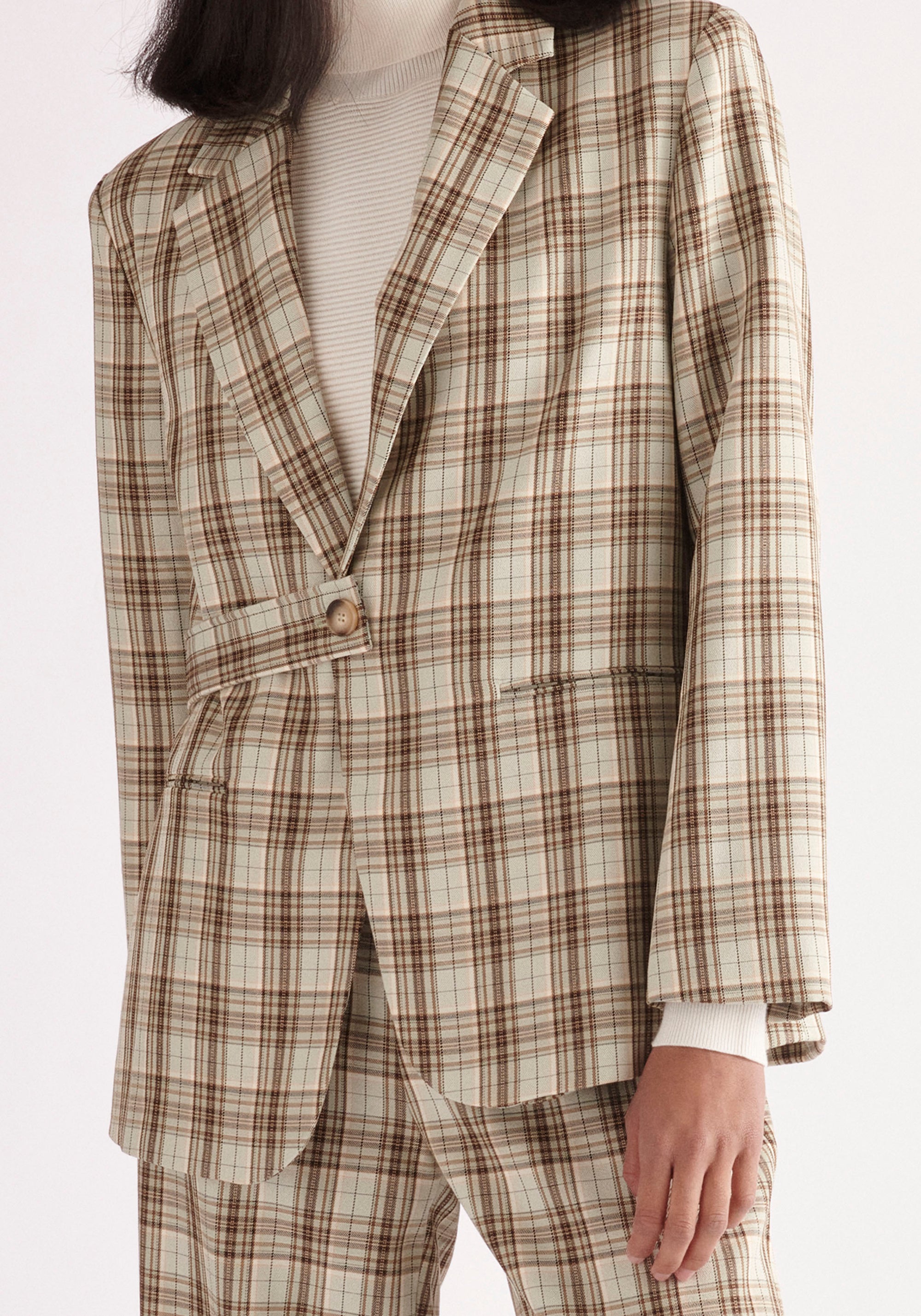 Paisie Belted Plaid Blazer in Green and Brown Tones Close Up