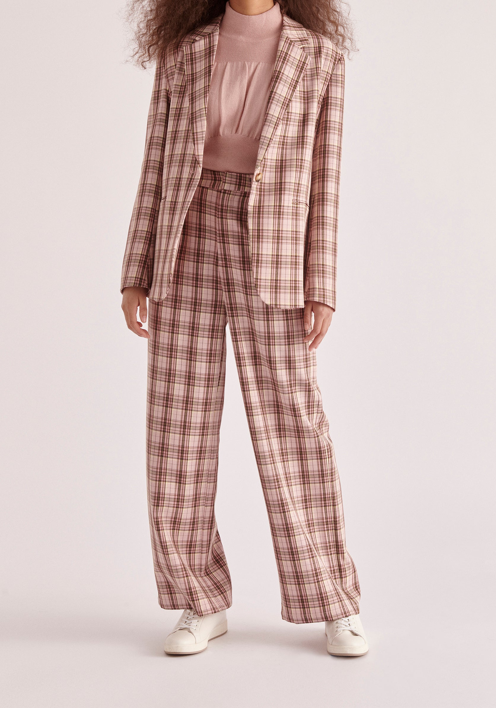 Paisie Belted Plaid Blazer in Pink and Brown Tones