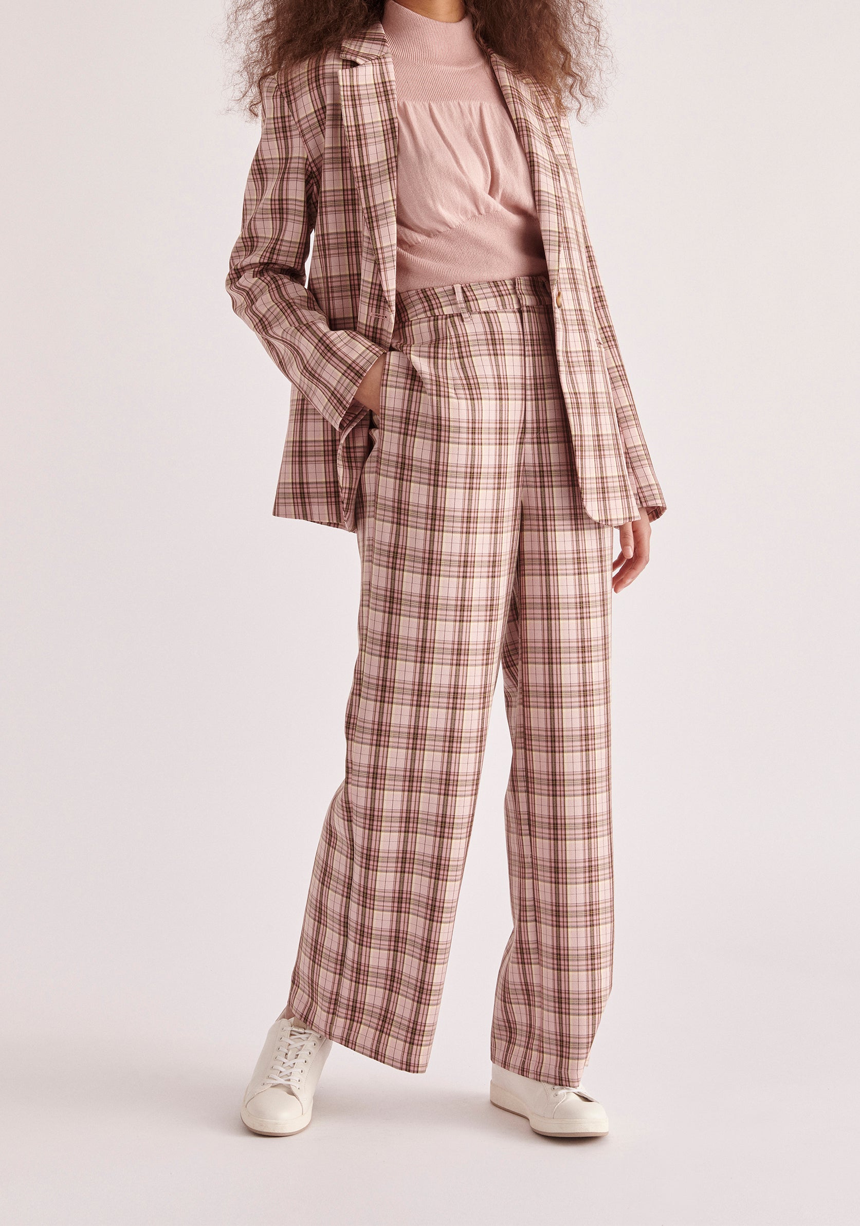 Paisie Belted Plaid Blazer in Pink and Brown Tones