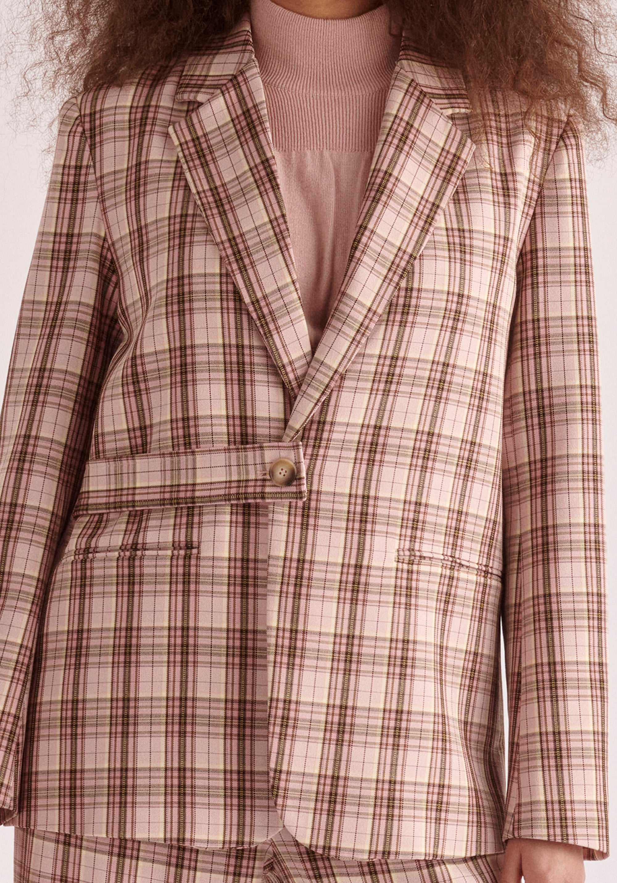 Paisie Belted Plaid Blazer in Pink and Brown Tones Close Up