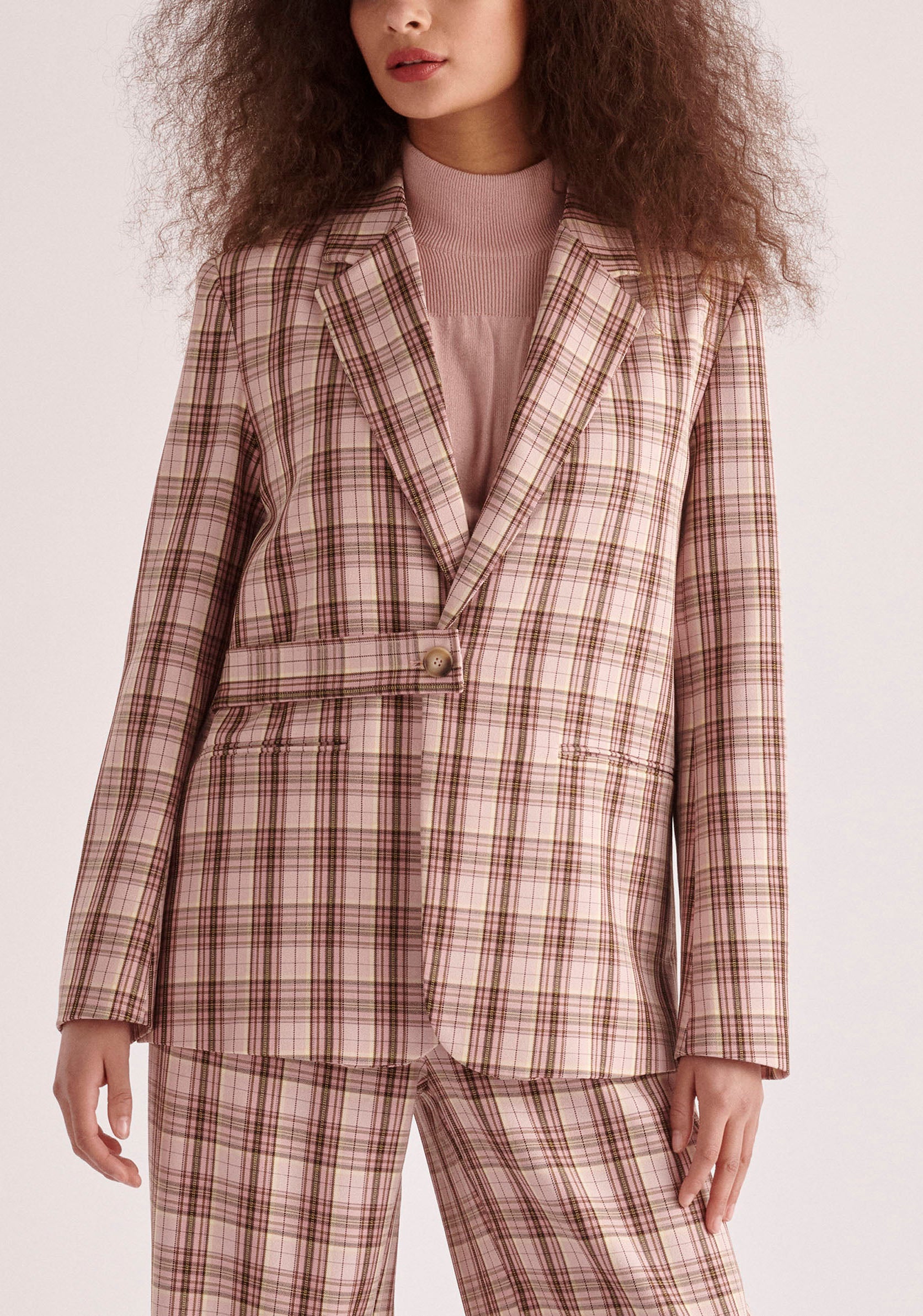 Paisie Belted Plaid Blazer in Pink and Brown Tones