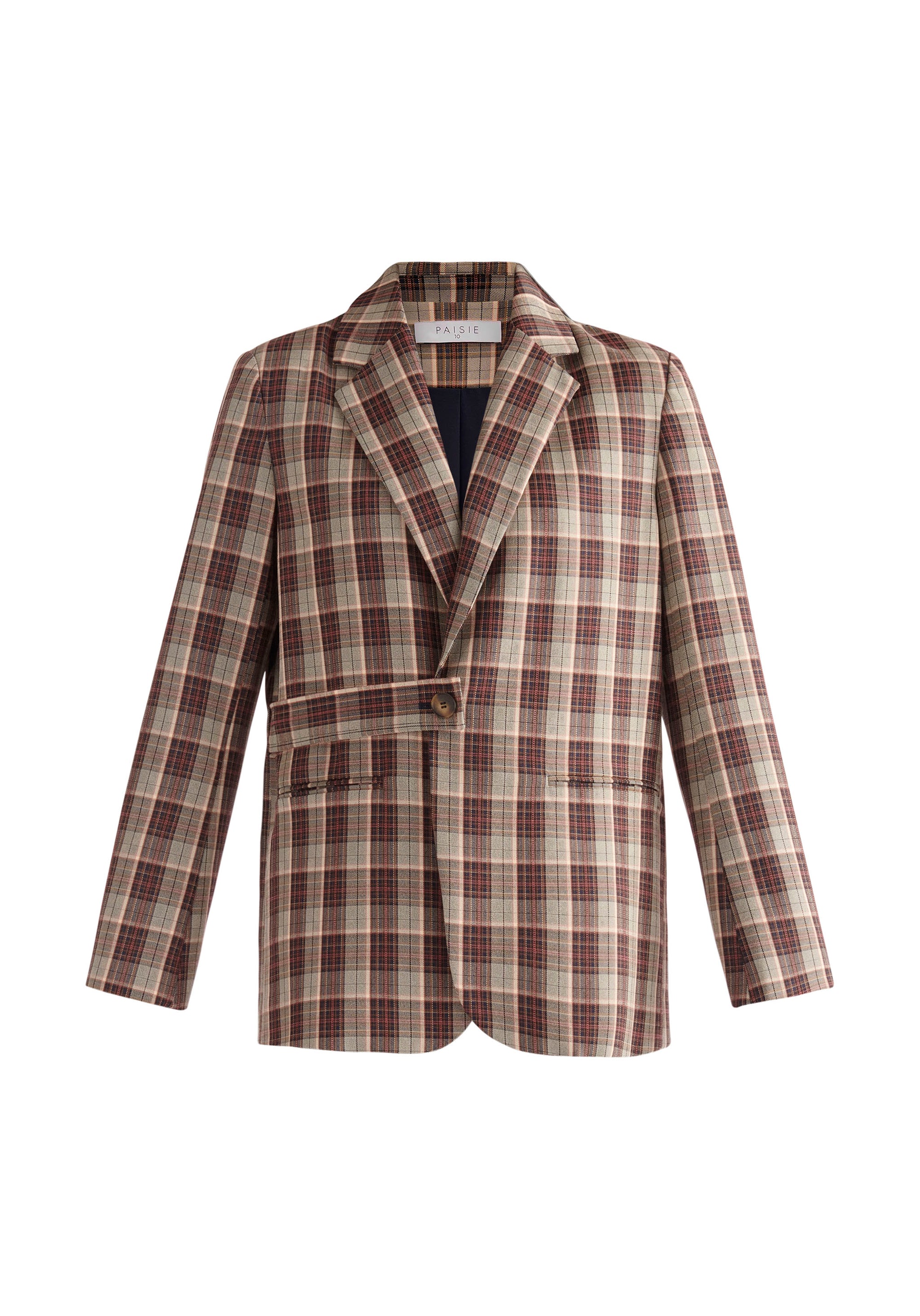 Paisie Belted Plaid Blazer in Green, Brown and Pink Tones Cut Out