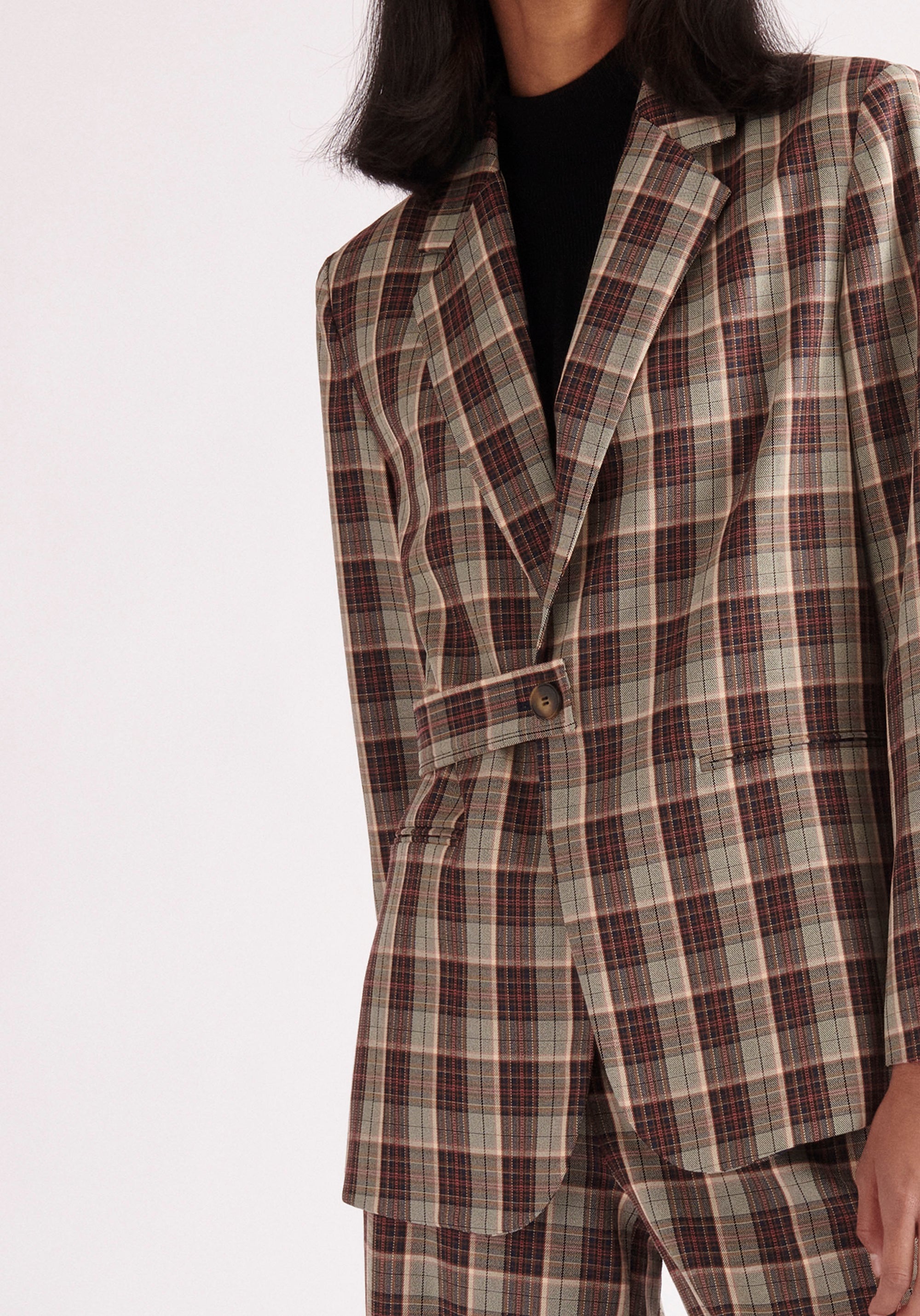 Paisie Belted Plaid Blazer in Green, Brown and Pink Tones Close Up